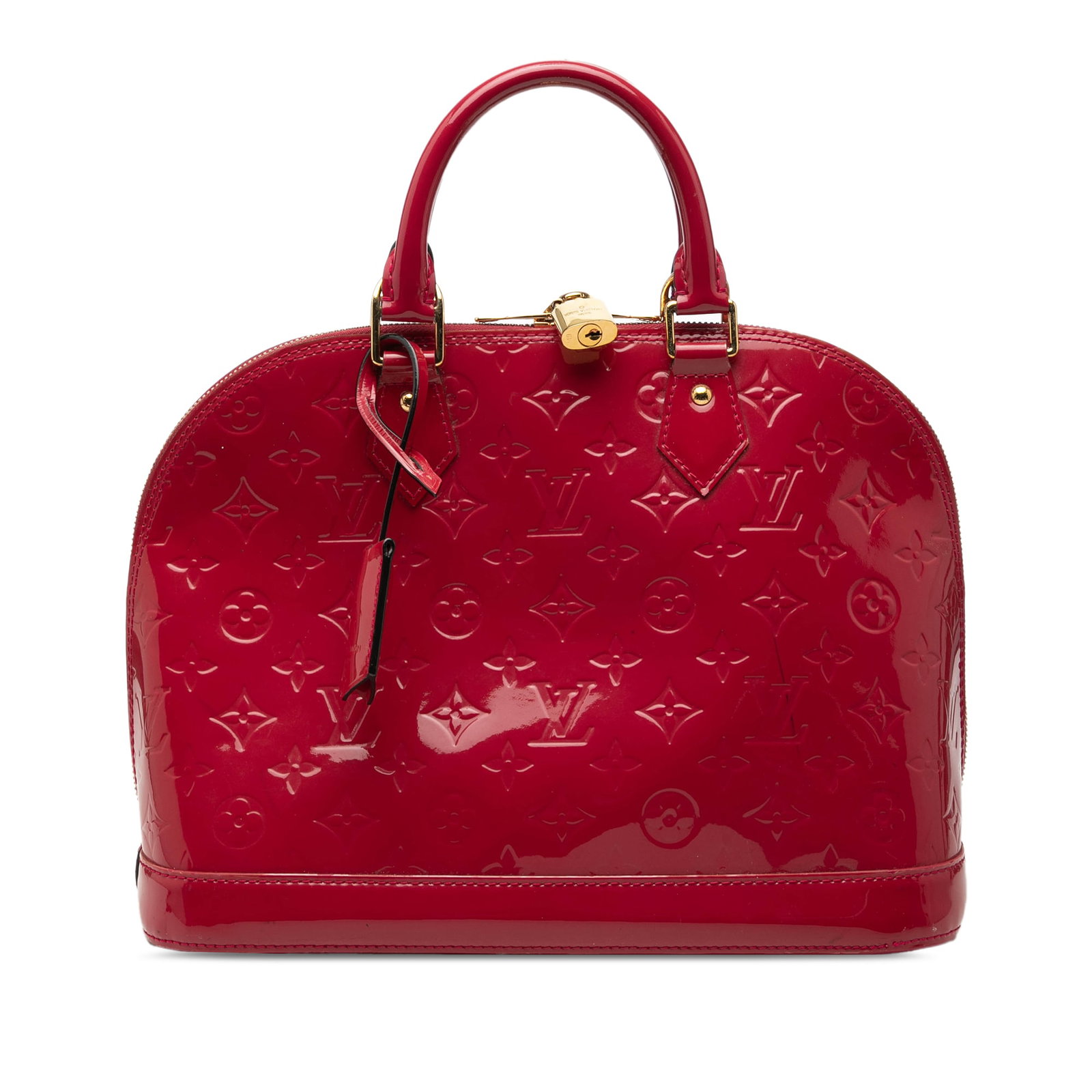 Louis Vuitton Alma PM red Monogram Vernis leather handbag: Louis Vuitton Alma PM red Monogram Vernis leather handbag Louis Vuitton Monogram Vernis Alma PM handbag crafted in monogram vernis leather with rolled leather handles, a clochette, top zip closure, an