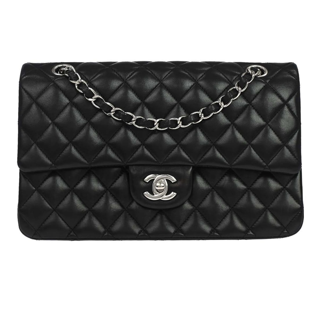 CHANEL Classic Double Flap Medium Shoulder Bag Black Lambskin: CHANEL Classic Double Flap Medium Shoulder Bag Black Lambskin Chanel Medium Classic Double Flap shoulder bag in black lambskin leather. This women's shoulder bag features a turn-lock closure and the c