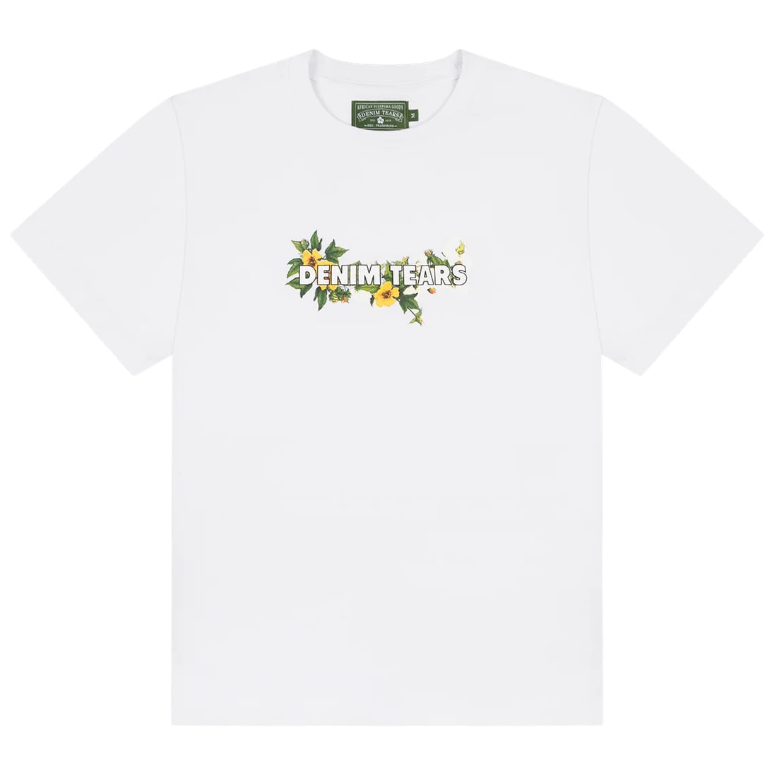 Denim Tears floral wreath graphic cotton T shirt white XL: Denim Tears floral wreath graphic cotton T shirt white XL White Denim Tears cotton T-shirt featuring the floral logo on the chest. This unisex tee is made for everyday wear with a classic crew neck an