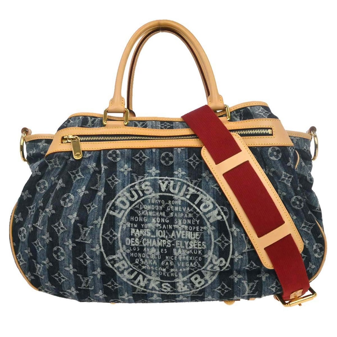Louis Vuitton Cabas Raye GM Blue Monogram Denim 2 Way Tote: Louis Vuitton Cabas Raye GM Blue Monogram Denim 2 Way Tote Vintage Louis Vuitton Cabas Raye GM 2-way tote in blue Monogram denim with leather trim. This large women's bag features double handles, a zi