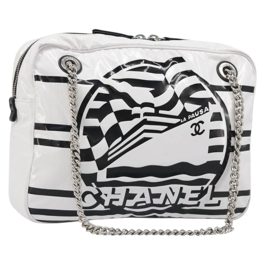 Chanel La Pausa Patent Leather Shoulder Bag White Silver: Chanel La Pausa Patent Leather Shoulder Bag White Silver Authentic CHANEL La Pausa chain shoulder bag in white patent leather with silver-tone CC detailing. Made in Italy, this women's shoulder bag in