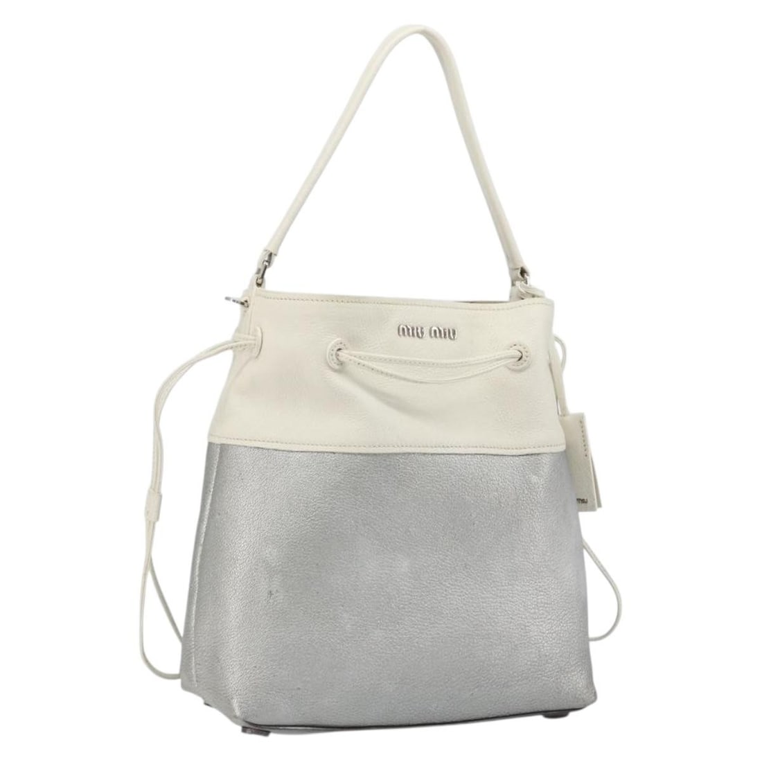 Silver Leather Shoulder Bag by Miu Miu Made in Turkey: Silver Leather Shoulder Bag by Miu Miu Made in Turkey A Miu Miu leather shoulder bag in silver, made in Turkey. The bag measures approximately W27 cm x H31 cm x D11 cm, with a shoulder drop of approxi