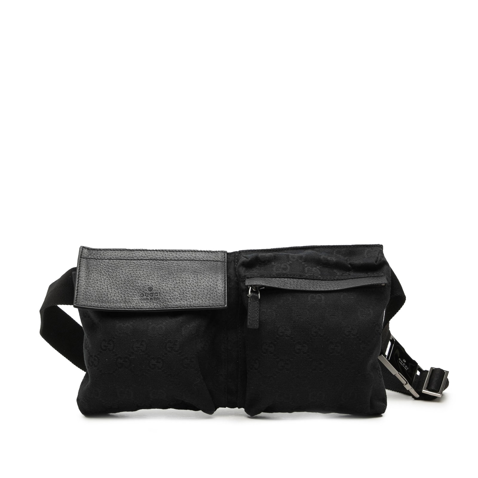 Gucci GG Canvas waist bag with double front pockets: Gucci GG Canvas waist bag with double front pockets Gucci GG Canvas Double Pocket Belt Bag with leather trim and an adjustable waist strap. The design includes exterior front flap and zip compartments
