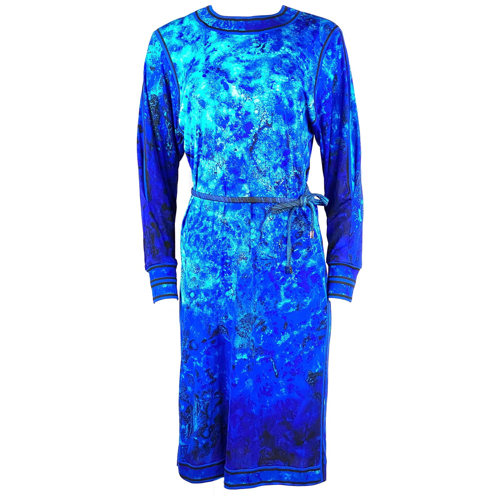 Leonard Paris belted midi dress in blue aqua water print: Leonard Paris belted midi dress in blue aqua water print Vintage LEONARD Paris midi dress in a blue aqua water print with long sleeves and a rear zip closure. The design features a matching belt detai