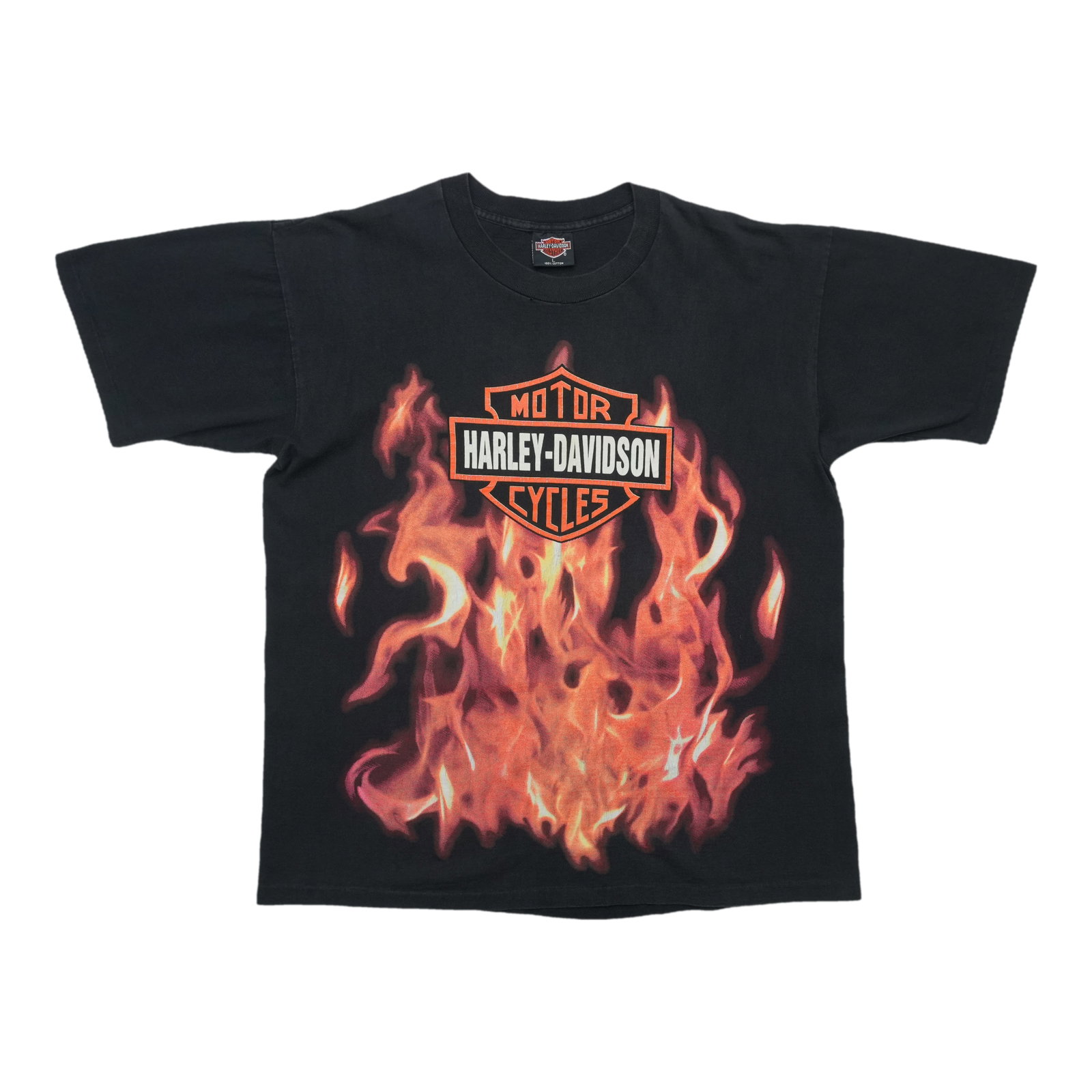 Harley Davidson Bar Shield Flames Vintage Black Cotton Shirt Large: Harley Davidson Bar Shield Flames Vintage Black Cotton Shirt Large Original vintage 1990s Harley Davidson Bar Shield Flames shirt with front and back graphics. This is a true vintage shirt, not a mode