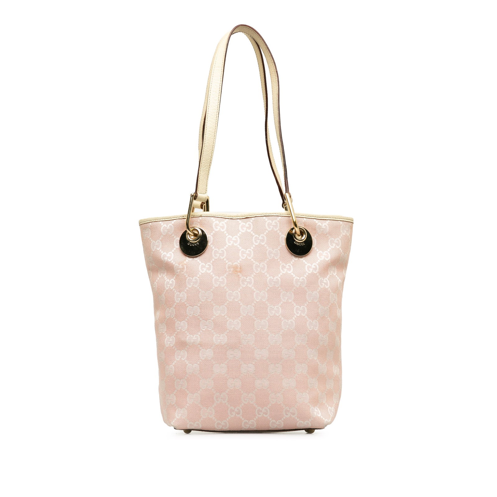 Pink GG Canvas Eclipse Tote Bag with Leather Trim by Gucci: Pink GG Canvas Eclipse Tote Bag with Leather Trim by Gucci This Gucci GG Canvas Eclipse Shoulder Bag is crafted from durable canvas with elegant leather trim. It features flat leather straps for comfo