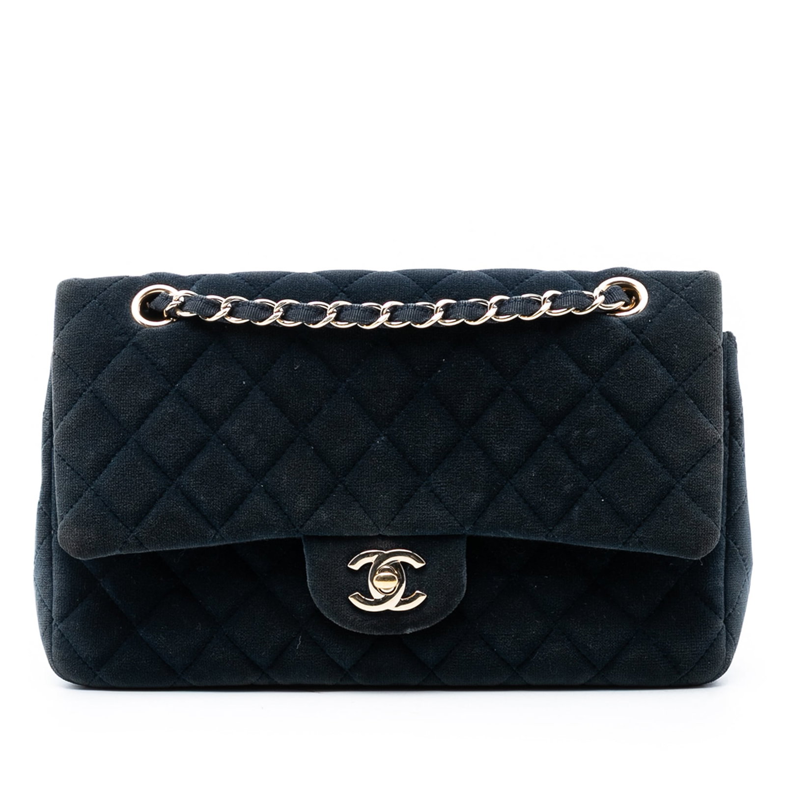 Blue Velvet Shoulder Bag by Chanel Medium Classic Double Flap: Blue Velvet Shoulder Bag by Chanel Medium Classic Double Flap This Chanel Medium Classic Velvet Double Flap shoulder bag features a quilted velvet body in blue, fabric-woven chain straps, double front