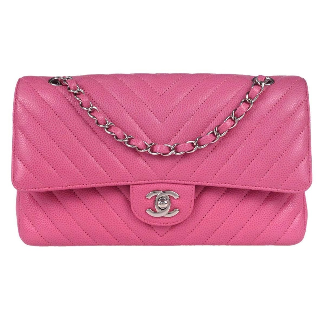 CHANEL Classic Double Flap Medium Pink Caviar Leather Shoulder Bag: CHANEL Classic Double Flap Medium Pink Caviar Leather Shoulder Bag Chanel Medium Double Flap Shoulder Bag in pink caviar skin leather with a turn-lock closure. It features a shoulder strap, one exteri