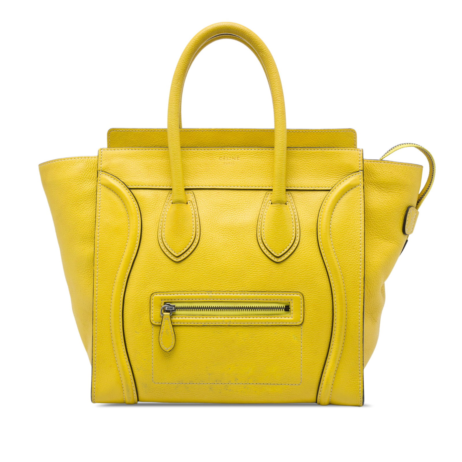 Celine Luggage Mini Grained Calfskin Leather Tote Yellow: Celine Luggage Mini Grained Calfskin Leather Tote Yellow Celine Mini Grained Calfskin Luggage Tote in yellow leather with rolled leather handles, a top zip closure, an exterior front zip pocket, and i