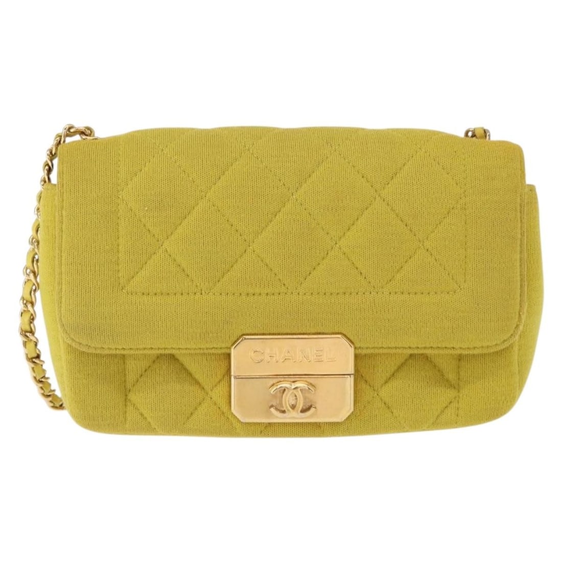 Chanel Quilted Jersey Yellow Chic With Me Shoulder Flap Bag: Chanel Quilted Jersey Yellow Chic With Me Shoulder Flap Bag This pre-owned Chanel Chic With Me Flap Bag features a yellow quilted jersey cotton exterior with a chain shoulder strap. It is designed for