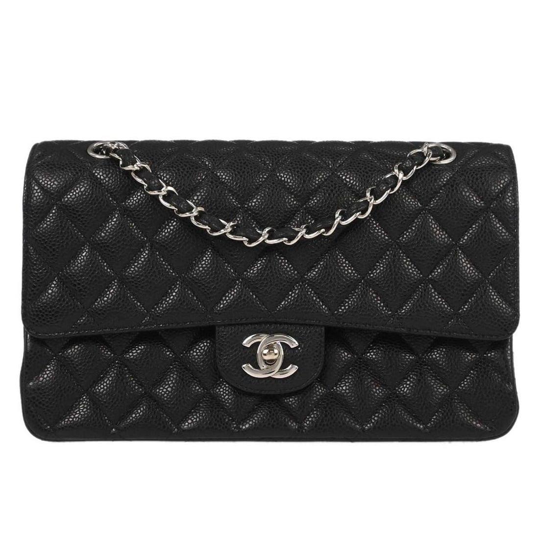 CHANEL Classic Double Flap Medium Black Leather Shoulder Bag: CHANEL Classic Double Flap Medium Black Leather Shoulder Bag Chanel Medium Classic Double Flap shoulder bag in black caviar skin leather with a turn-lock closure and shoulder strap. This women's bag f