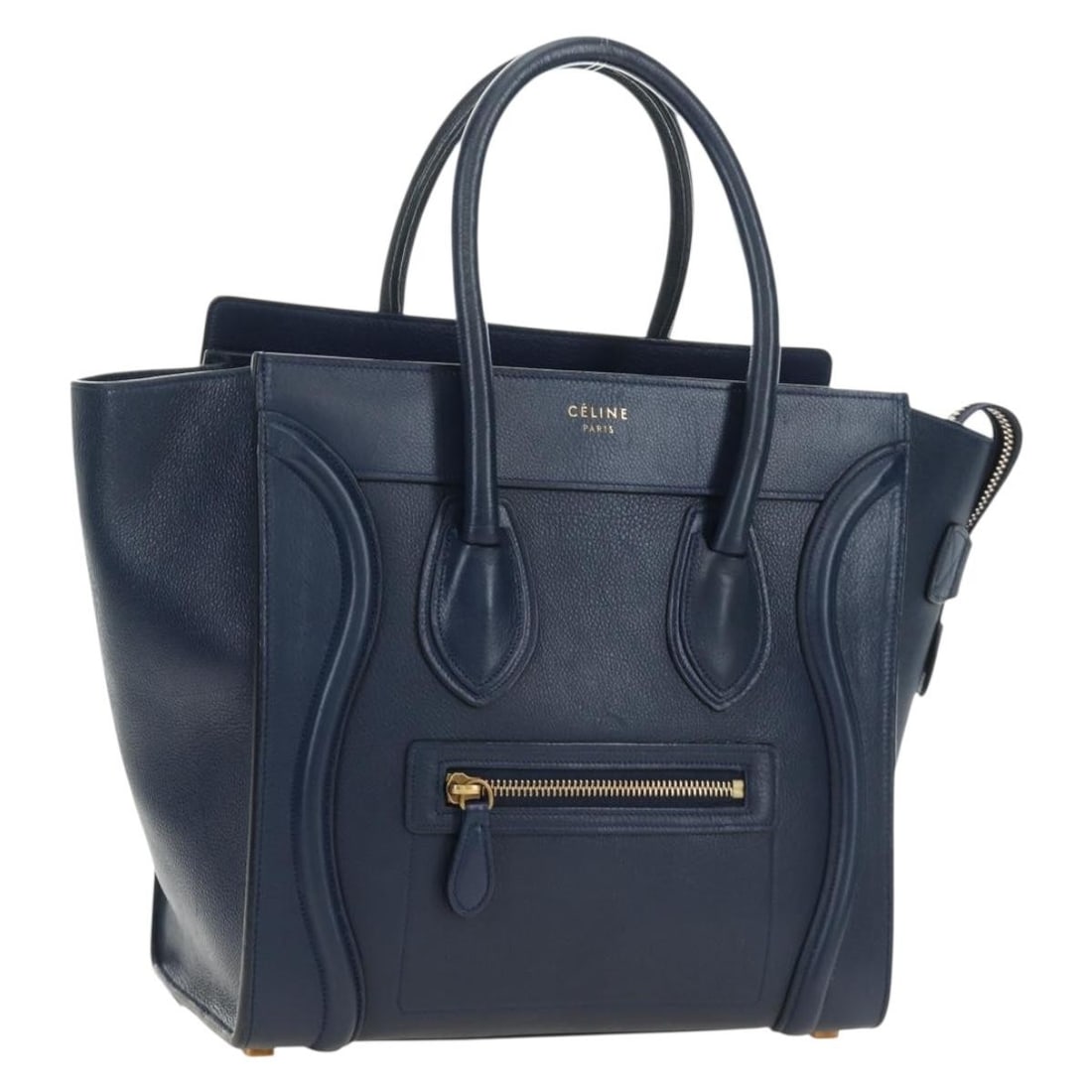 CELINE Luggage Micro leather handbag navy with dust bag: CELINE Luggage Micro leather handbag navy with dust bag Celine Luggage Micro Shopper handbag in navy leather with gold-tone accents. This women's handbag includes a dust bag and is made in Italy. Cond