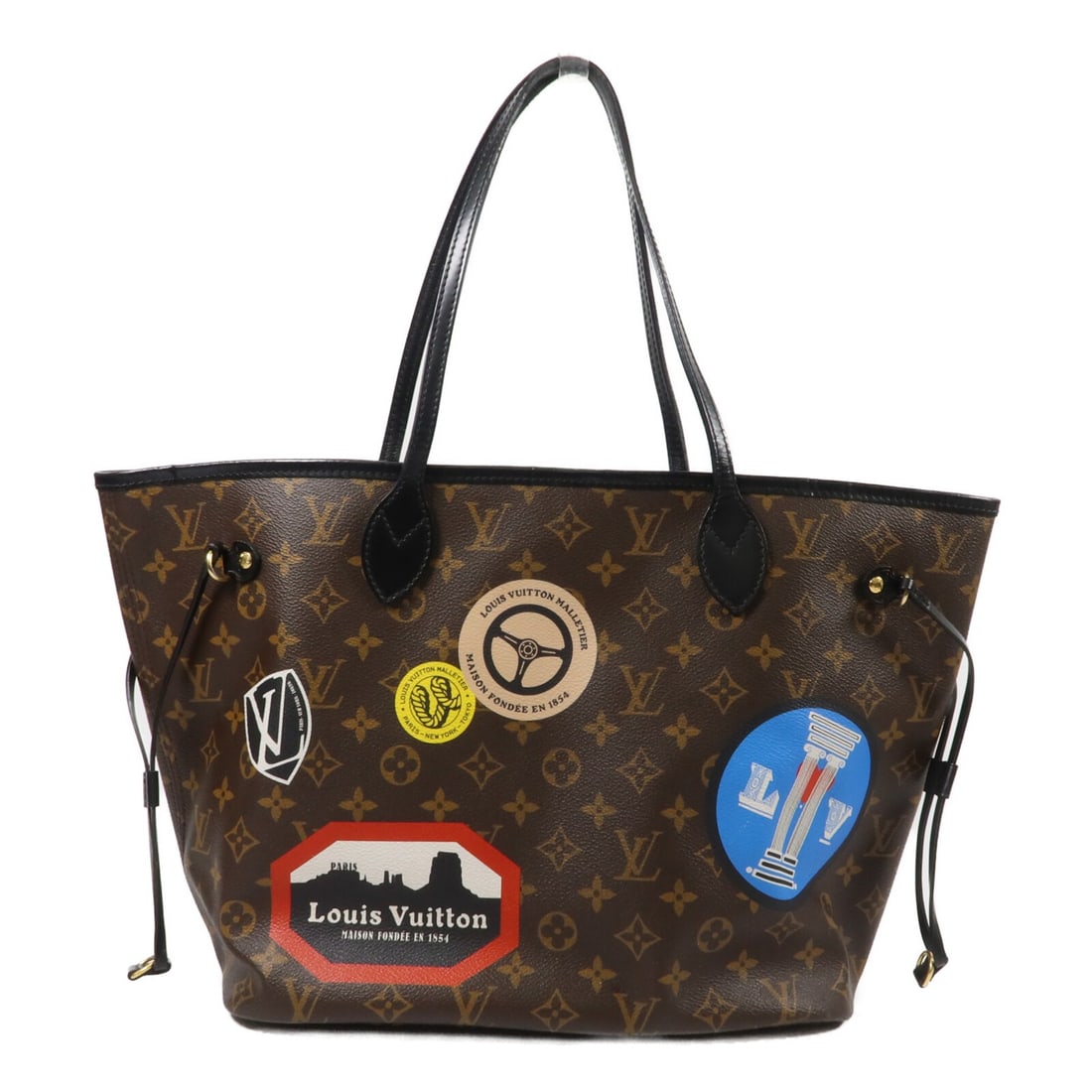 Louis Vuitton M42844 Neverfull MM World Tour Monogram Tote: Louis Vuitton M42844 Neverfull MM World Tour Monogram Tote Louis Vuitton LV World Tour Neverfull MM tote bag in Monogram PVC coated canvas with a brown and multicolor design. This women's tote is made
