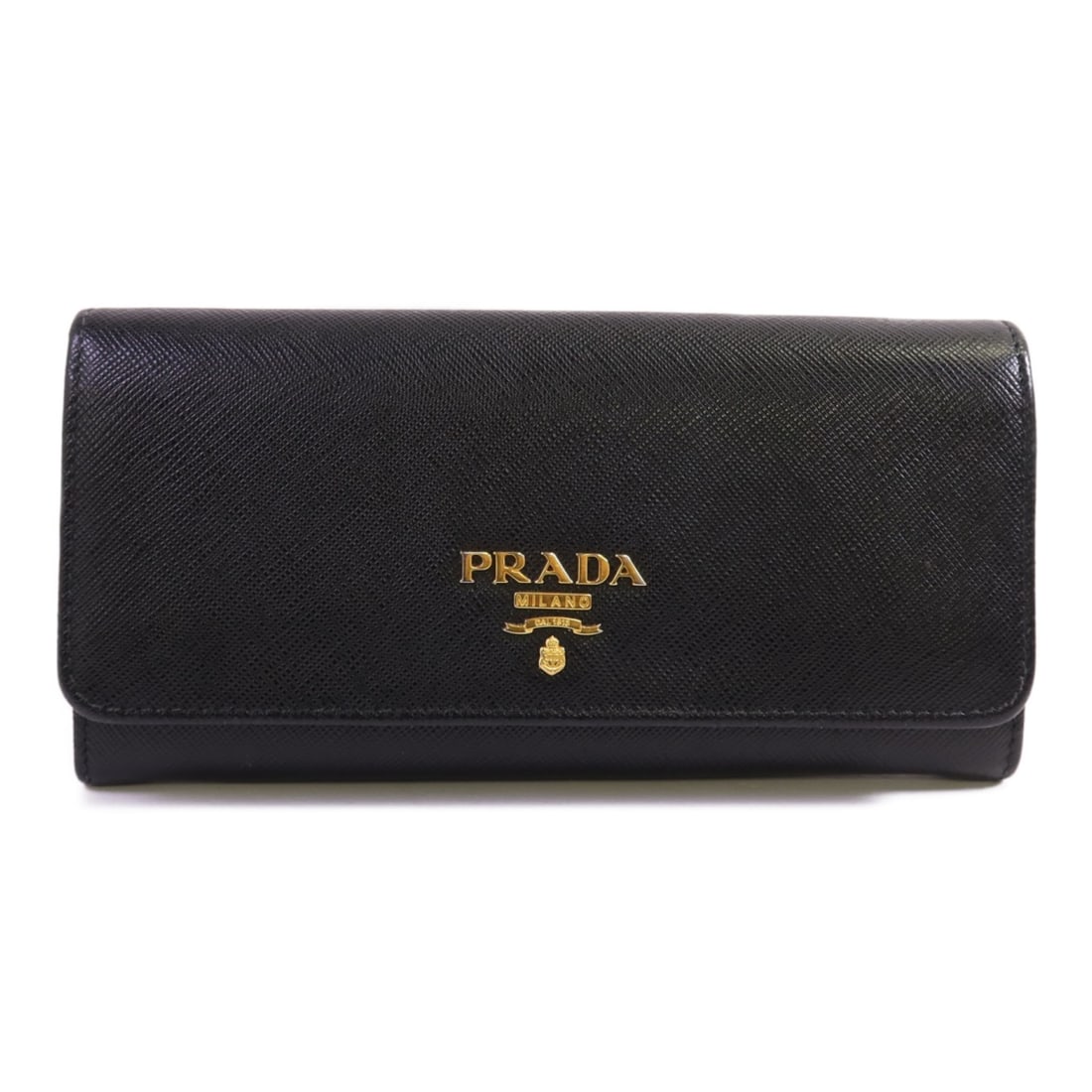 PRADA Saffiano Leather Bifold Long Wallet Black with Gold Tone Hardware: PRADA Saffiano Leather Bifold Long Wallet Black with Gold Tone Hardware Prada long bifold wallet in black Saffiano leather with a structured interior layout for everyday organization. The wallet inclu