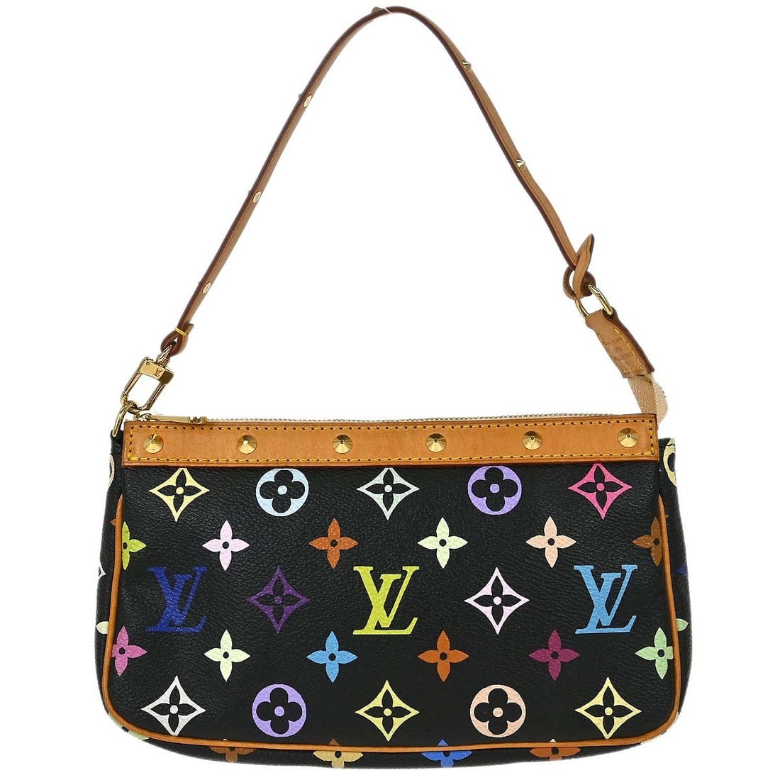 Louis Vuitton Pochette Accessoires M92648 Black Monogram Multicolor Handbag: Louis Vuitton Pochette Accessoires M92648 Black Monogram Multicolor Handbag Louis Vuitton Pochette Accessoires in black Monogram Multicolor canvas with leather trim. This small top-handle handbag feat