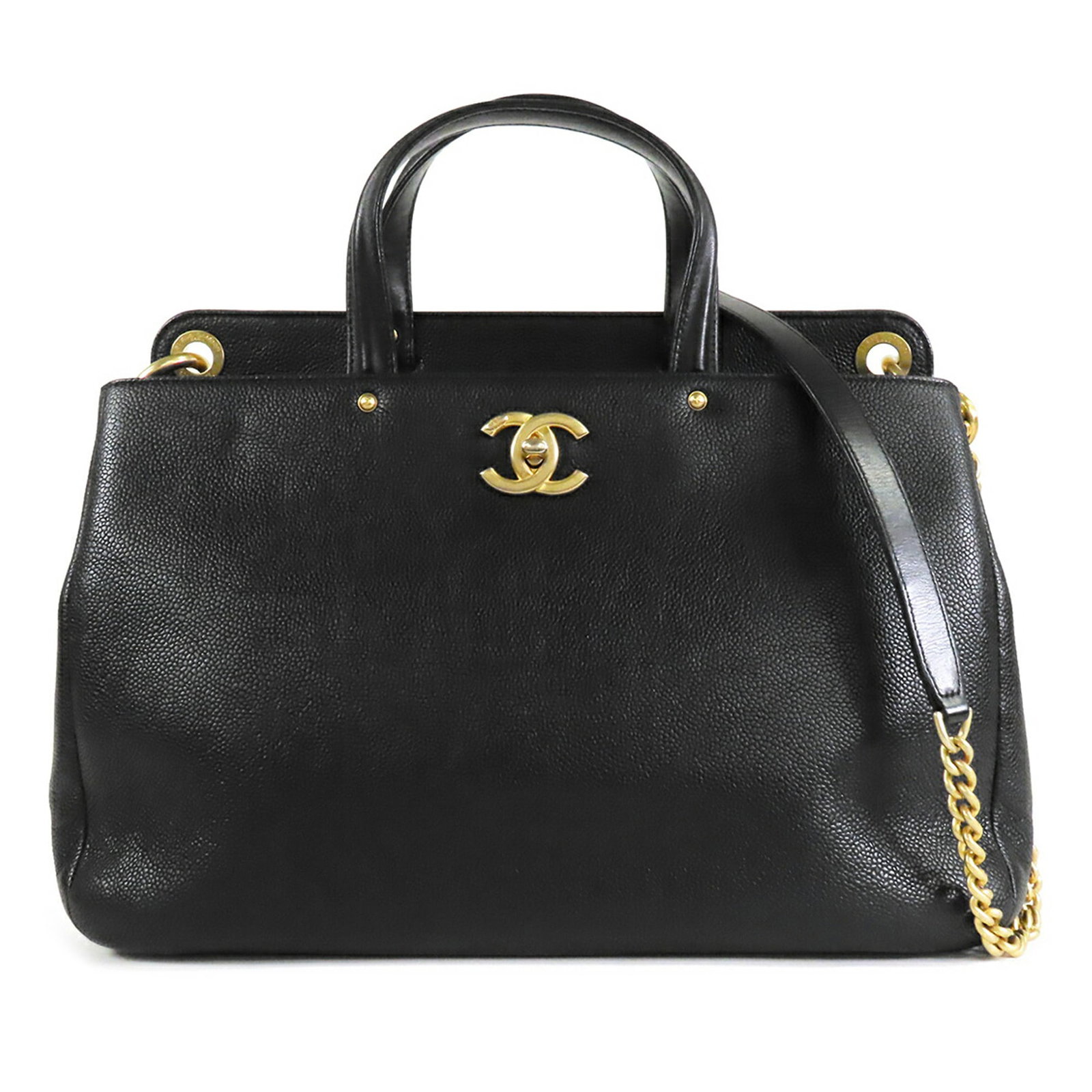 Chanel CC Caviar Leather Satchel Bag Black: Chanel CC Caviar Leather Satchel Bag Black Chanel CC Caviar Satchel in black caviar leather with flat leather handles, detachable chain link straps with leather guard, and an open top with CC turn loc