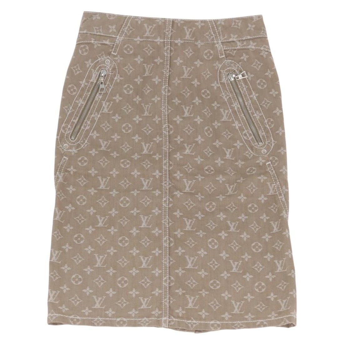 Beige Monogram Denim Skirt by Louis Vuitton for Women: Beige Monogram Denim Skirt by Louis Vuitton for Women This Louis Vuitton women's skirt features the iconic Monogram Denim Canvas in beige. Made in Italy, it offers a stylish and elegant look. The skir
