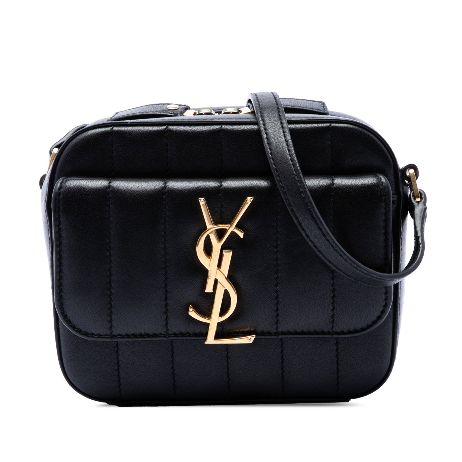 Saint Laurent Toy Vicky Quilted Lambskin Camera Crossbody Bag: Saint Laurent Toy Vicky Quilted Lambskin Camera Crossbody Bag Saint Laurent Toy Vicky camera bag crafted in quilted lambskin leather with an adjustable flat leather strap and zip-around closure. The d