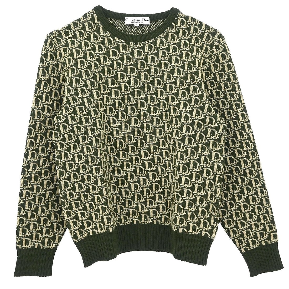 Dior Trotter Wool Long Sleeve Sweater Top Dark Green M: Dior Trotter Wool Long Sleeve Sweater Top Dark Green M Christian Dior women's top sweater in dark green with the Trotter logo accent. Made from 100% wool, this long-sleeve piece features a round neckl