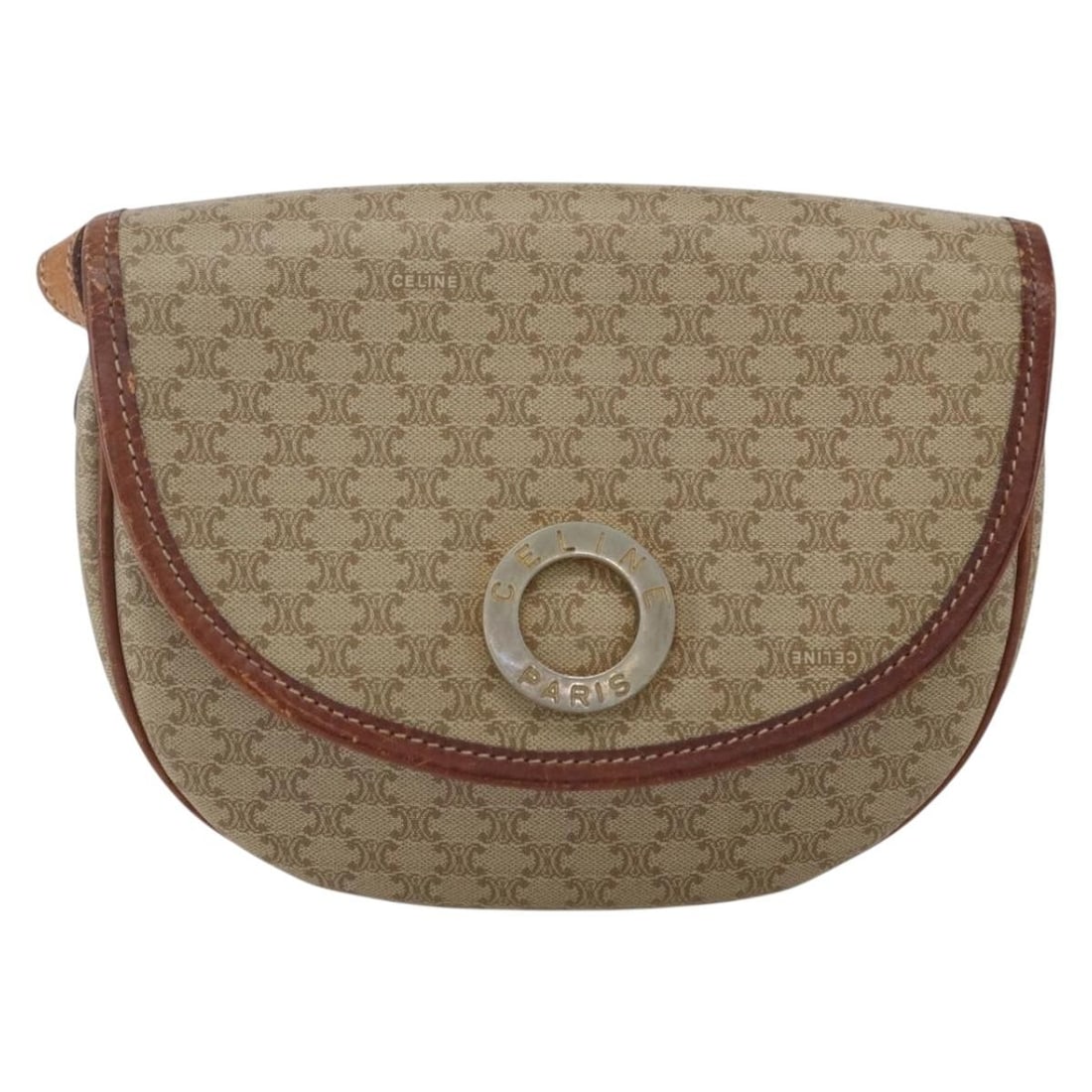 Celine Vintage Macadam Circle Logo Shoulder Bag Canvas Leather: Celine Vintage Macadam Circle Logo Shoulder Bag Canvas Leather This Celine Vintage Macadam Circle Logo Shoulder Bag is crafted from beige canvas with leather accents. The bag features the iconic Celin