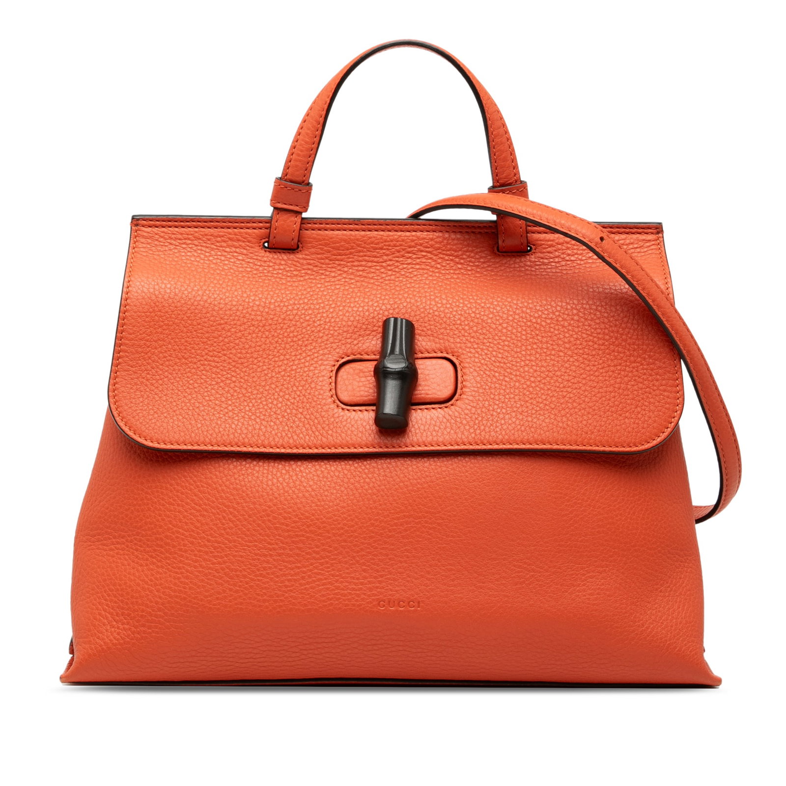 Gucci Bamboo Daily Medium Calfskin Satchel Orange: Gucci Bamboo Daily Medium Calfskin Satchel Orange This medium Gucci Bamboo Daily satchel is crafted in orange calfskin leather and features a flat top handle, a detachable and adjustable flat leather 