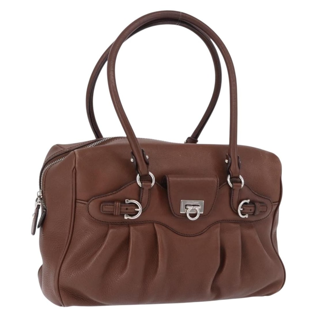 Salvatore Ferragamo Gancini Leather Hand Bag Brown Silver: Salvatore Ferragamo Gancini Leather Hand Bag Brown Silver Salvatore Ferragamo Gancini handbag in brown leather with silver-tone accents. This women's handbag was made in Italy and includes only the ba