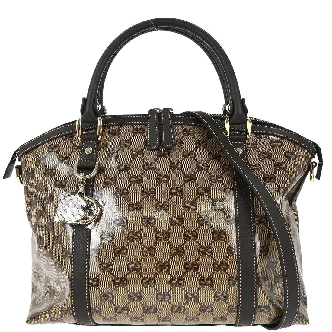 Gucci G Wave GG Charm Dome Satchel Brown PVC Leather 2way Bag: Gucci G Wave GG Charm Dome Satchel Brown PVC Leather 2way Bag Gucci GG Charm Dome Satchel in brown PVC coated canvas and leather with a structured dome silhouette and 2-way carry design. The bag featu