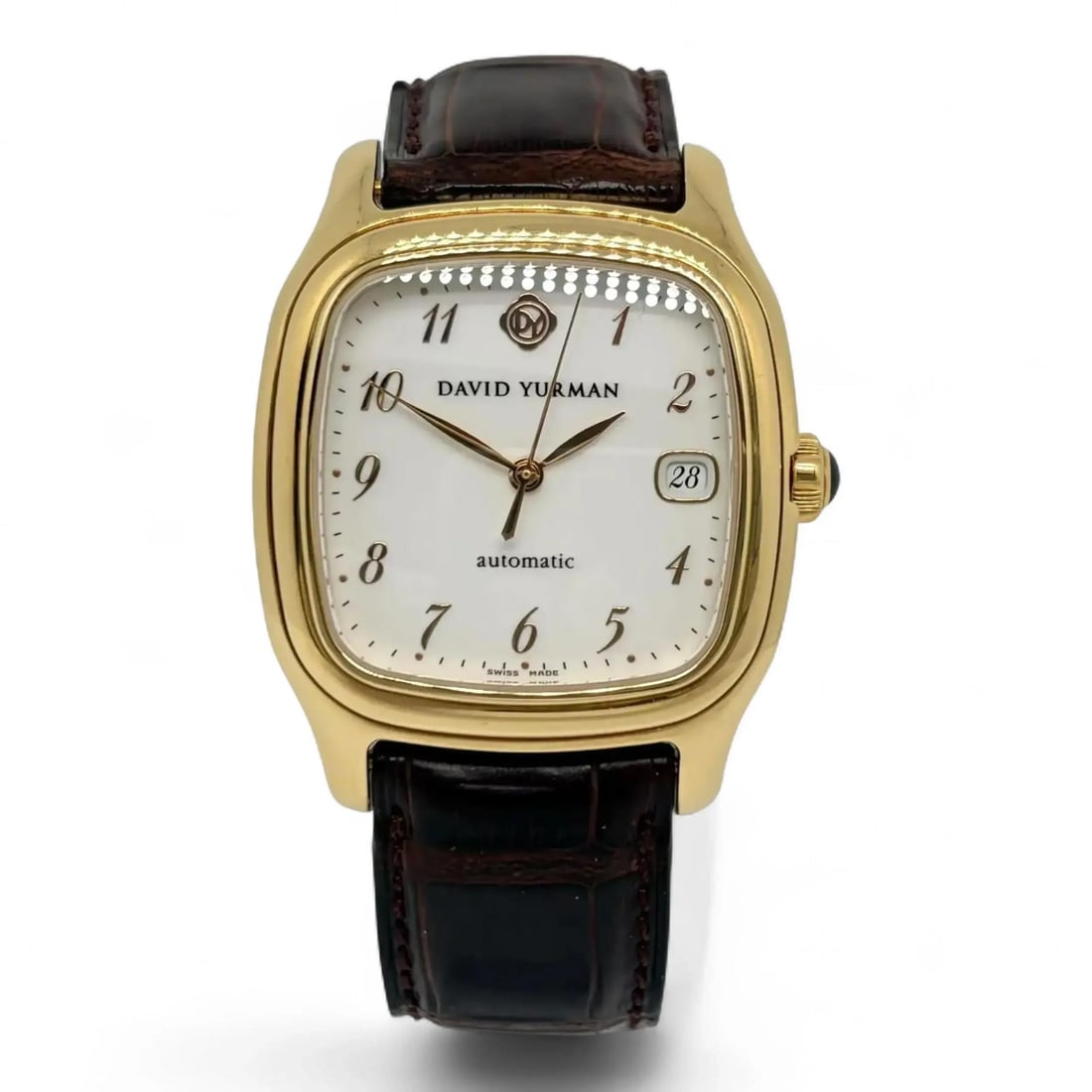 David Yurman Thoroughbred Automatic Gold Case Men's Dress Watch T301-L88: David Yurman Thoroughbred Automatic Gold Case Men's Dress Watch T301-L88 This David Yurman Thoroughbred men's wristwatch features an 18K yellow gold case with a high polish finish and a white analog d