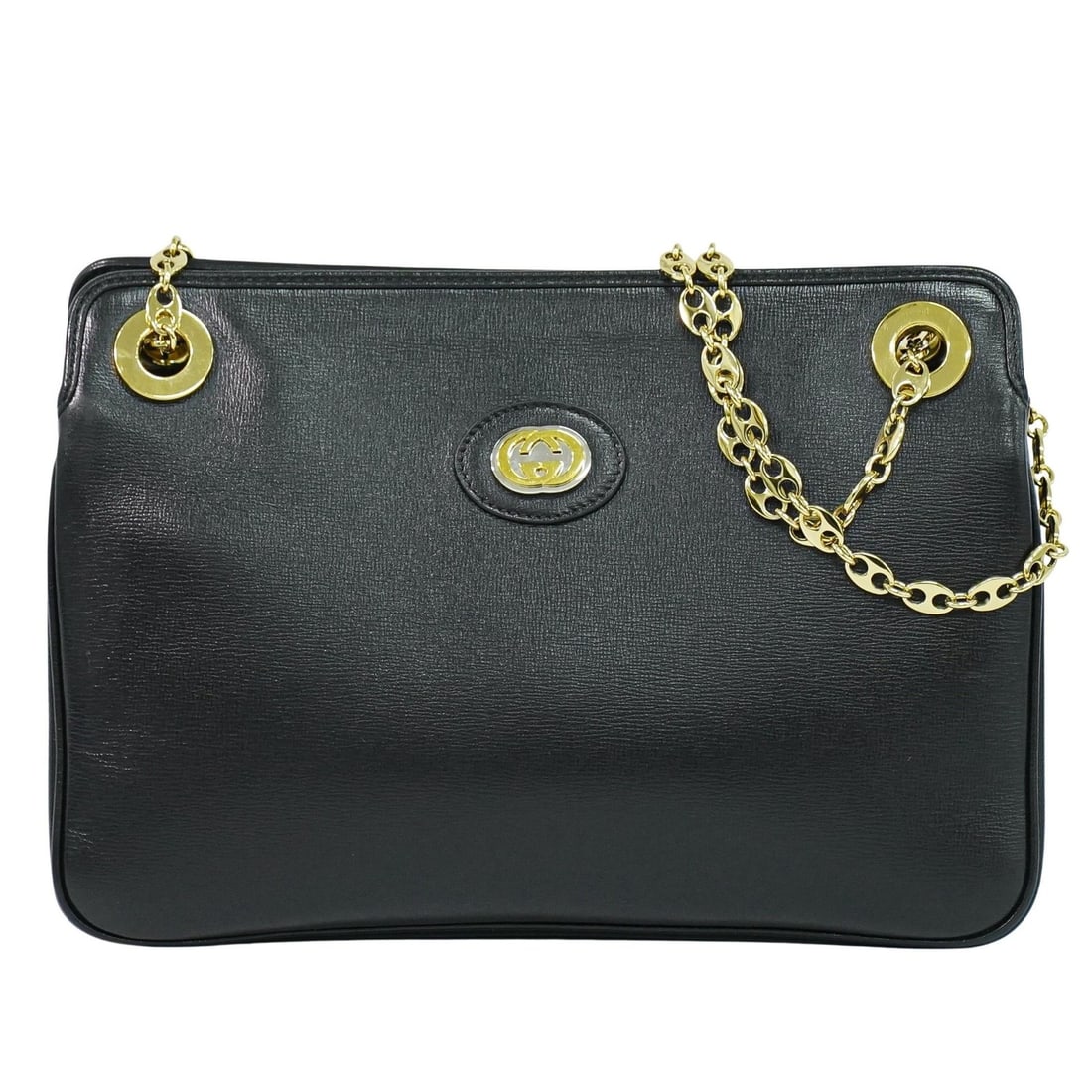 Gucci Marina Chain black leather shoulder bag: Gucci Marina Chain black leather shoulder bag This Gucci Marina Chain Shoulder Bag is crafted from black leather and designed for women. It features metal fittings and displays some signs of use, incl