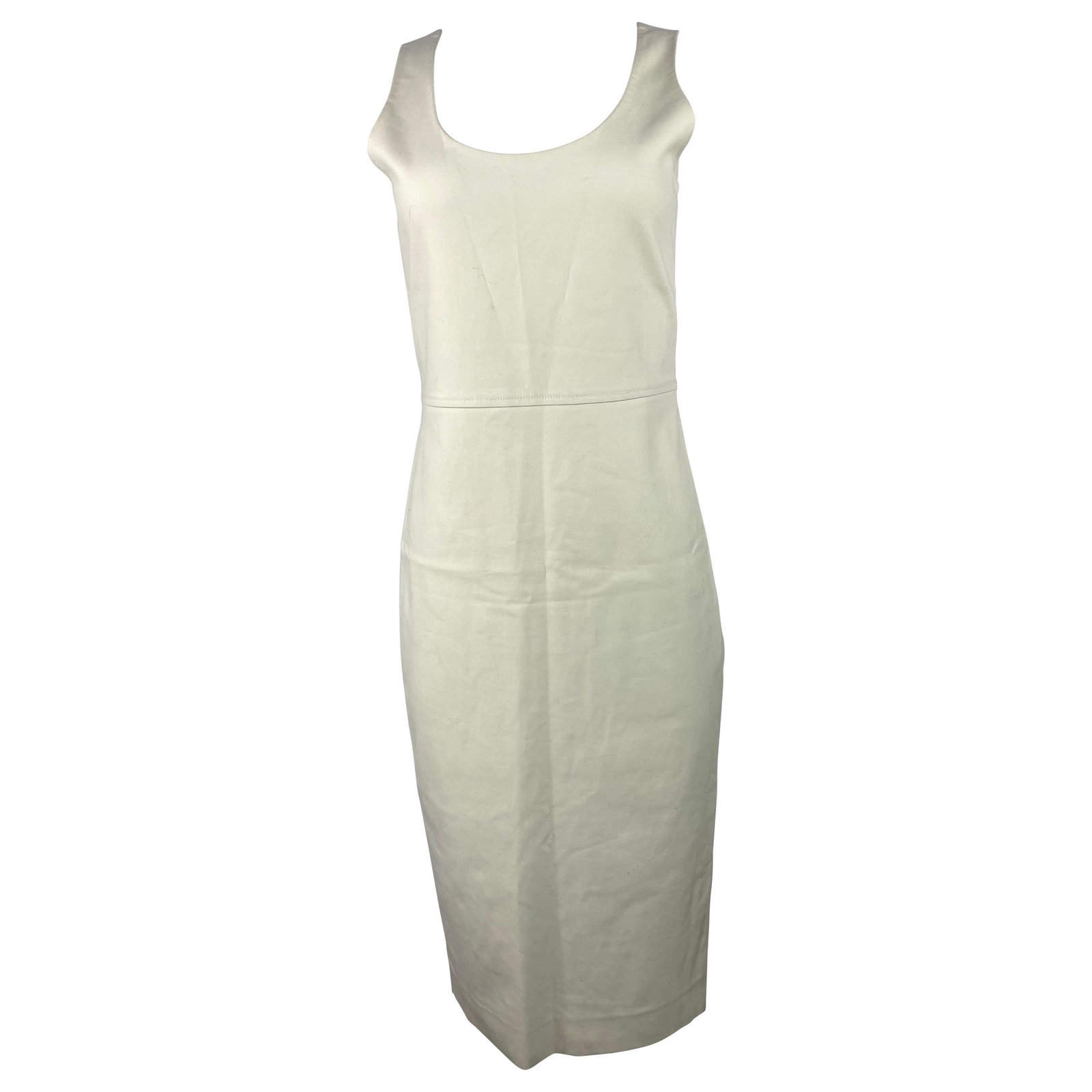 The Row Size 8 White Cotton Sleeveless Midi Dress: The Row Size 8 White Cotton Sleeveless Midi Dress A white cotton dress by The Row in marked US size 8. It features a sleeveless design, crew neckline, mid-length silhouette, and rear zip closure. Made