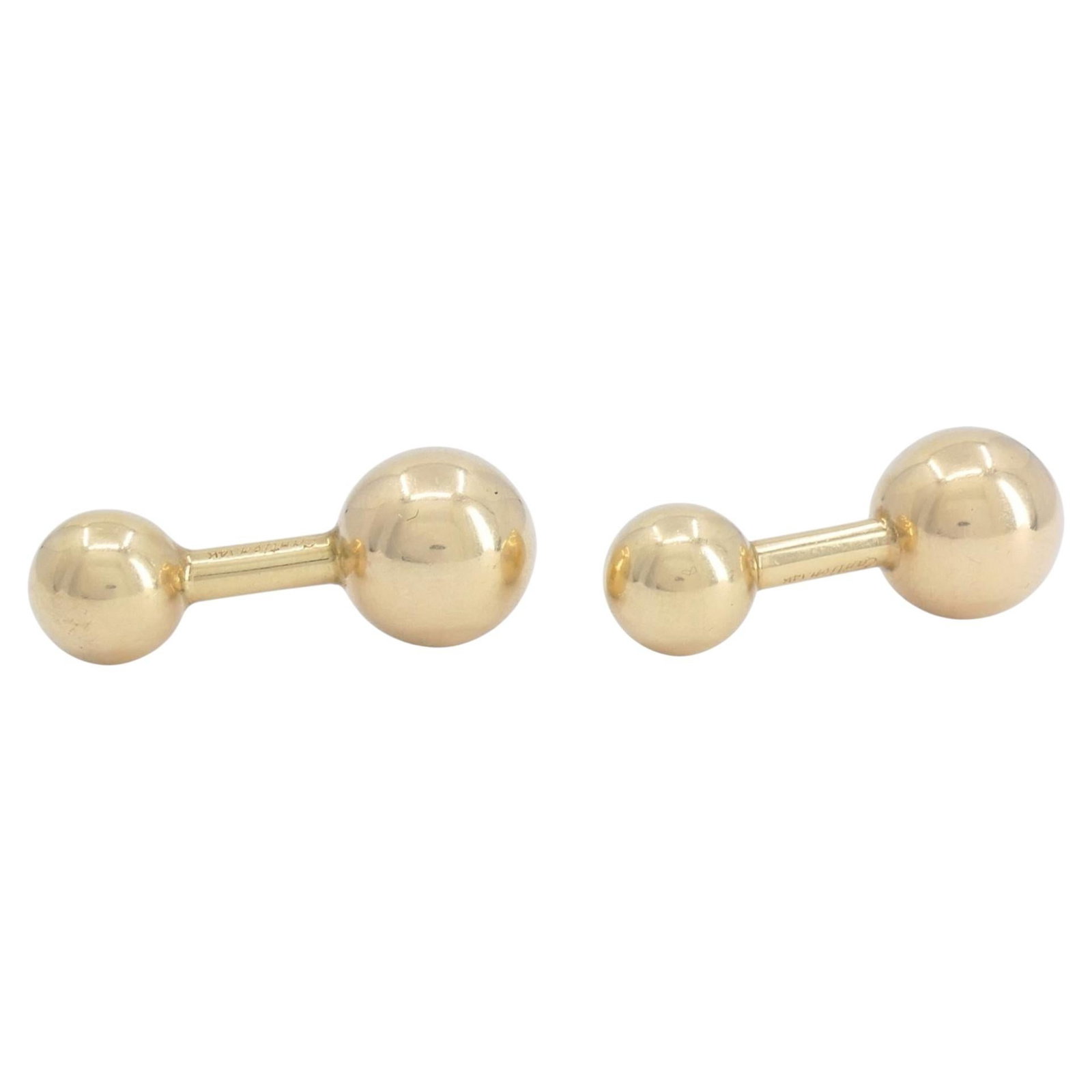 Cartier 1970s 14k Gold Barbell Cufflinks Set of 2: Cartier 1970s 14k Gold Barbell Cufflinks Set of 2 Vintage Cartier 14k gold barbell cufflinks from the 1970s, presented as a set of 2. The cufflinks are signed Cartier 14k and show wear consistent with