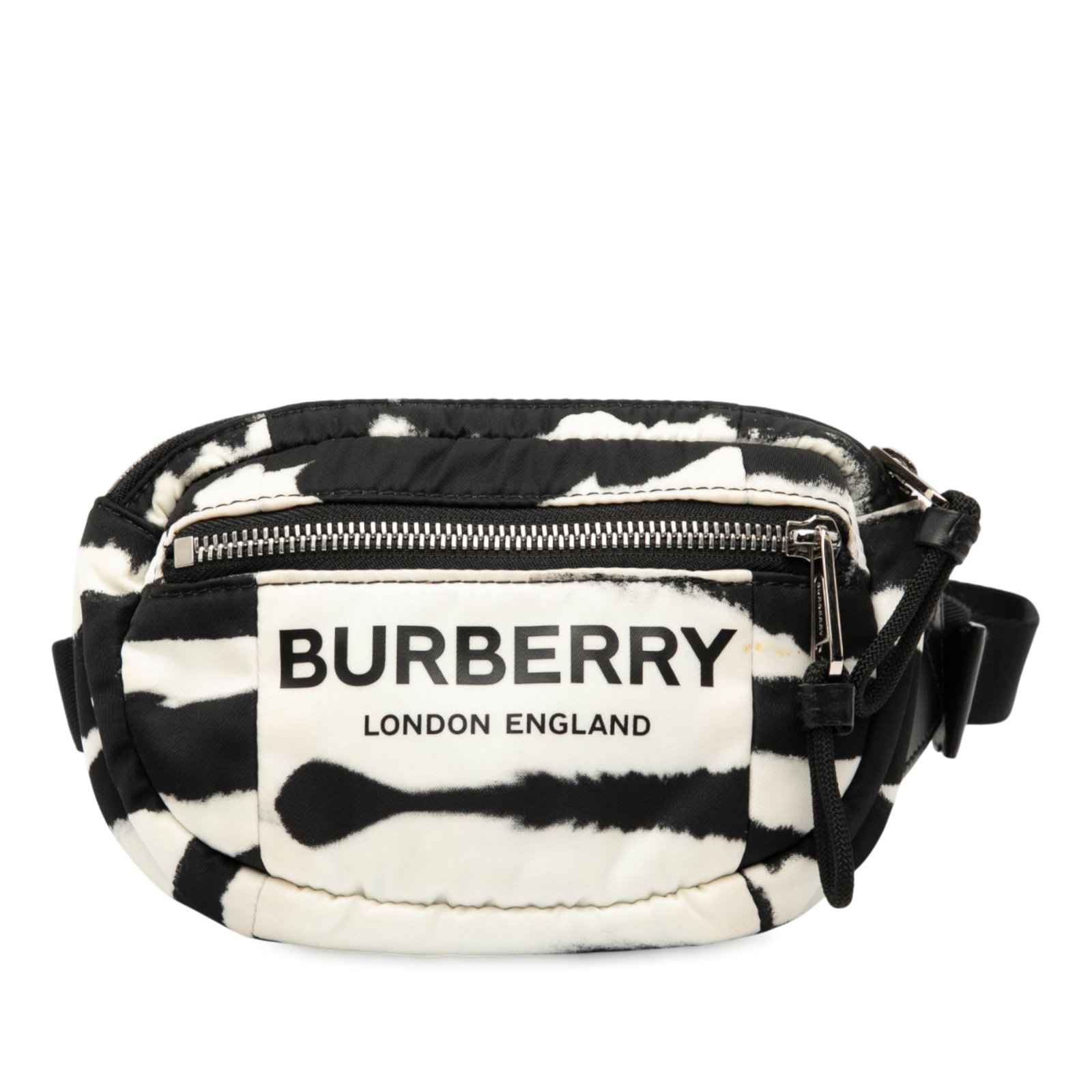 Burberry Zebra Print Nylon Cannon Belt Bag with Adjustable Strap: Burberry Zebra Print Nylon Cannon Belt Bag with Adjustable Strap Elevate your accessory game with the Burberry Zebra Print Nylon Logo Cannon Belt Bag. This stylish belt bag is crafted from durable pri
