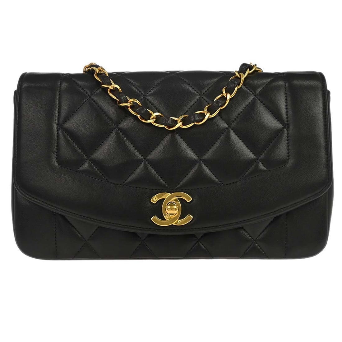 CHANEL Diana Small Black Lambskin Shoulder Bag: CHANEL Diana Small Black Lambskin Shoulder Bag Chanel Small Diana shoulder bag in black lambskin with a shoulder strap and canvas lining. This women's bag features interior pockets and is made in Fran