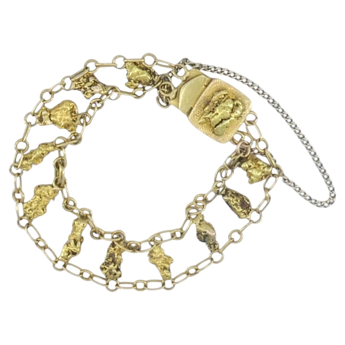 1970s 22k Yellow Gold Nugget Bracelet with Oval Links: 1970s 22k Yellow Gold Nugget Bracelet with Oval Links Vintage 22k yellow gold nugget link bracelet dating to the 1970s. It features irregular gold nugget sections arranged between open oval chain link