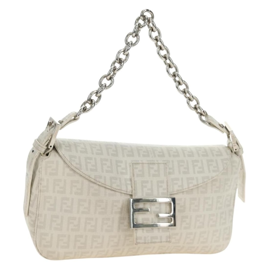 FENDI Mamma Baguette Shoulder Bag Zucchino Canvas PVC Leather White Silver: FENDI Mamma Baguette Shoulder Bag Zucchino Canvas PVC Leather White Silver Fendi Zucchino Canvas Mamma Baguette is a women's shoulder bag made in Italy from PVC leather and Zucchino canvas. It comes i