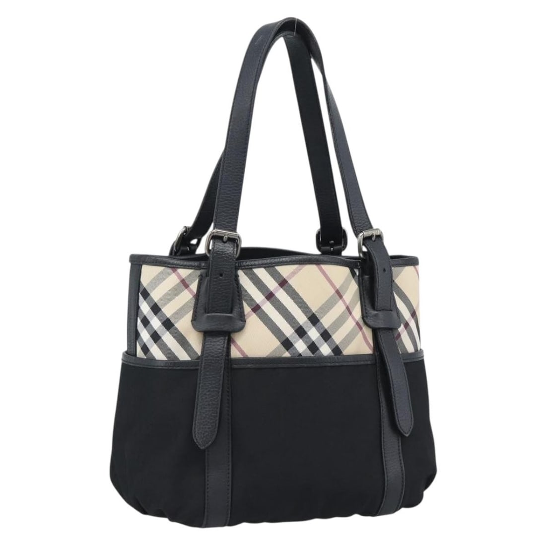 Burberry Nova Check Canvas Tote Beige Silver Tone: Burberry Nova Check Canvas Tote Beige Silver Tone A Burberry Nova Check tote bag in beige and silver, made of canvas. It features a tote bag style with handle drop measurements provided in the origina