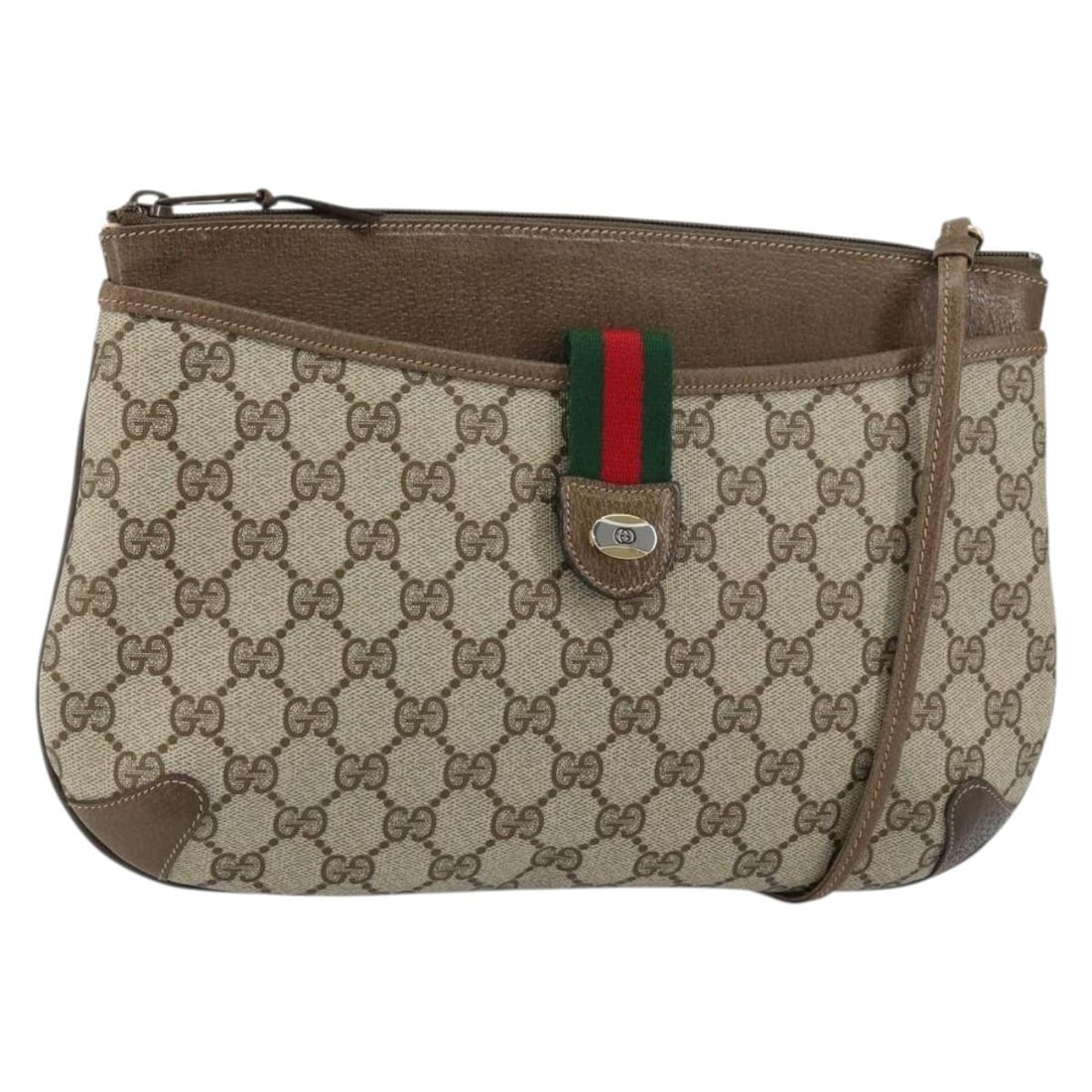 Gucci GG Supreme Web Shoulder Bag Beige PVC Leather 904 02 026 Italy: Gucci GG Supreme Web Shoulder Bag Beige PVC Leather 904 02 026 Italy This GUCCI GG Supreme Web Sherry Line shoulder bag features beige and gold PVC leather and GG canvas with signature web detailing. 