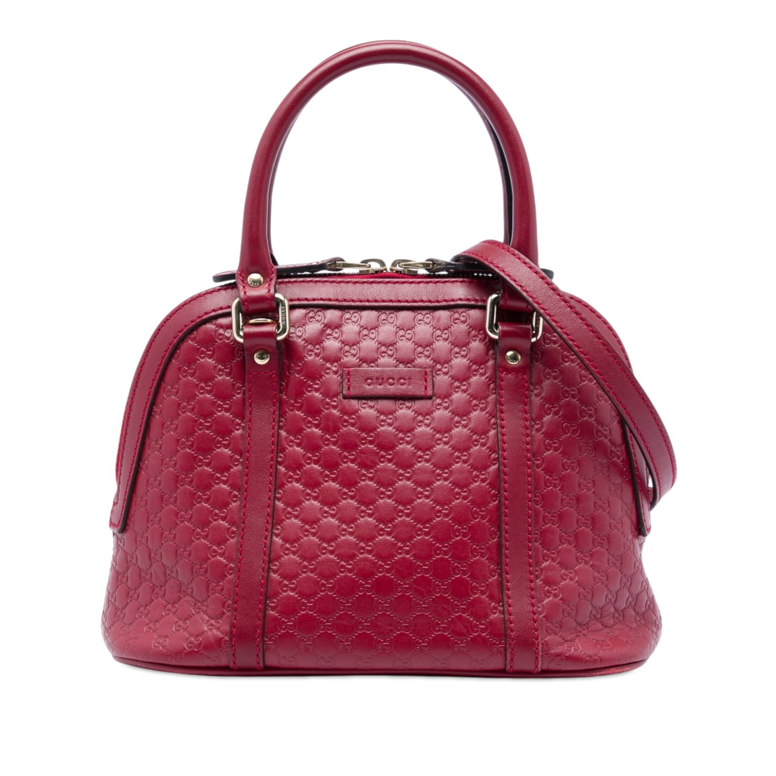Gucci Mini Microguccissima leather dome satchel bag red: Gucci Mini Microguccissima leather dome satchel bag red Gucci Mini Microguccissima Dome Satchel in red embossed leather with rolled leather handles, a detachable flat strap, zip-around closure, and an