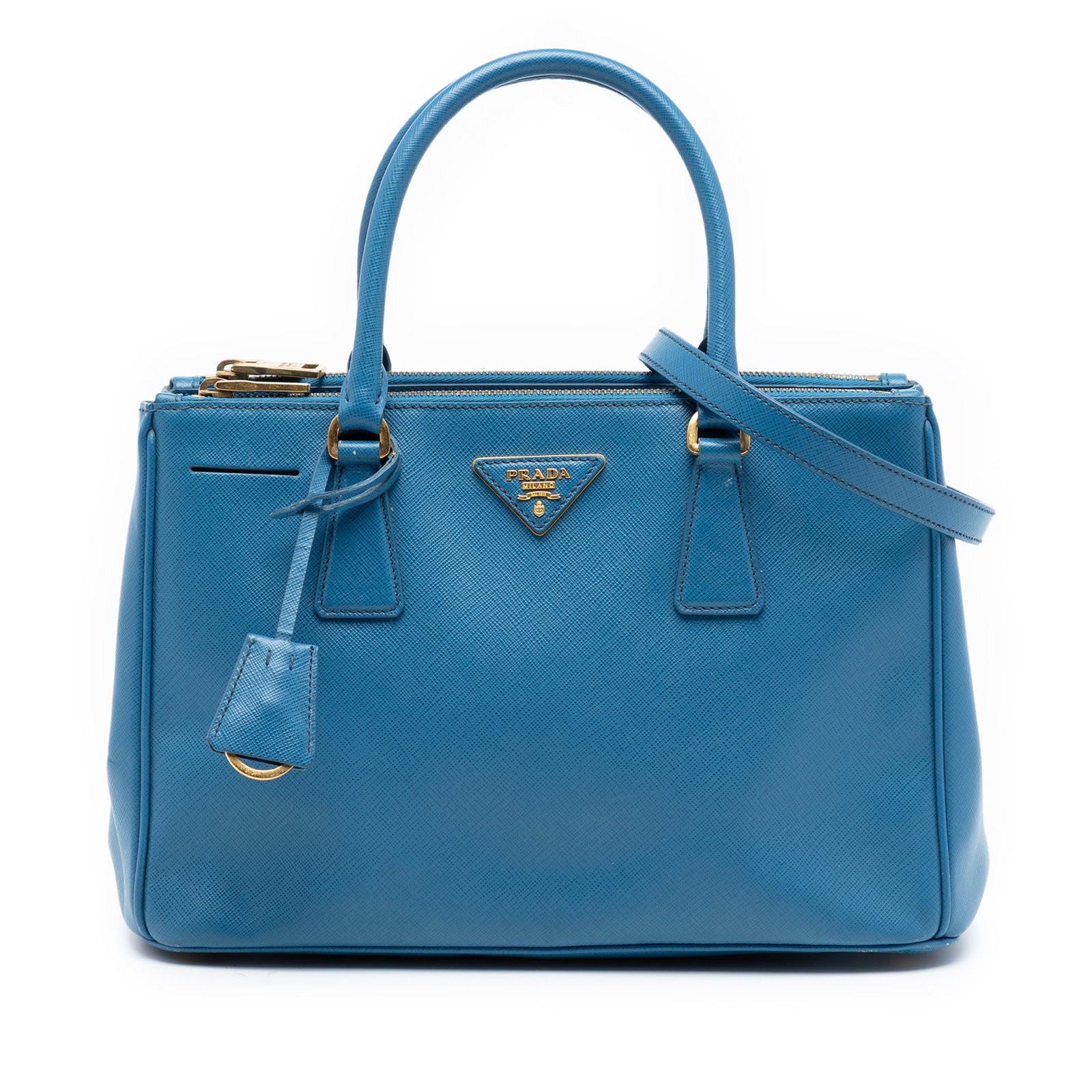 Prada Saffiano Leather Small Galleria Satchel with Double Zip Compartments: Prada Saffiano Leather Small Galleria Satchel with Double Zip Compartments This Prada Small Saffiano Lux Galleria Double Zip Satchel is crafted in blue Saffiano leather and features rolled leather top