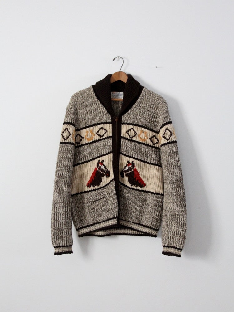 A Caldwell Cowichan Style Horse Cardigan Sweater Large Wool (1 of 5)