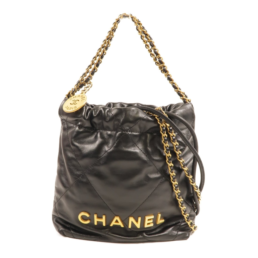 CHANEL Chanel 22 Mini Calfskin 2Way Shoulder Bag Black: CHANEL Chanel 22 Mini Calfskin 2Way Shoulder Bag Black A Chanel 22 Mini 2Way shoulder bag in black calfskin leather with gold-tone hardware. It features a compact silhouette, a top handle, and a shoul