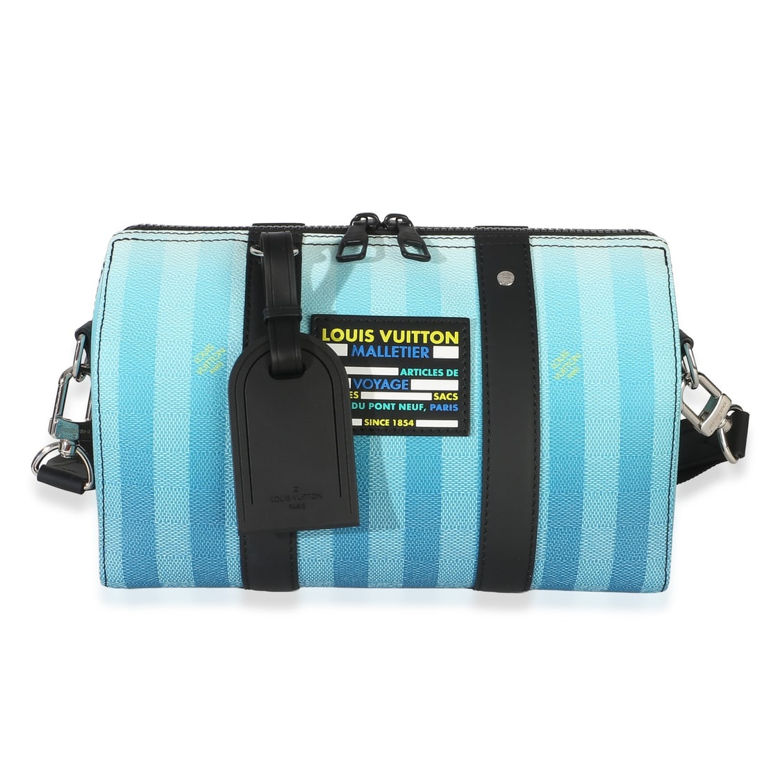 Louis Vuitton City Keepall blue canvas shoulder bag with dustbag: Louis Vuitton City Keepall blue canvas shoulder bag with dustbag Pre-owned Louis Vuitton Gradient Blue Damier Stripes City Keepall shoulder bag with top handle styling. This unisex bag features a blue