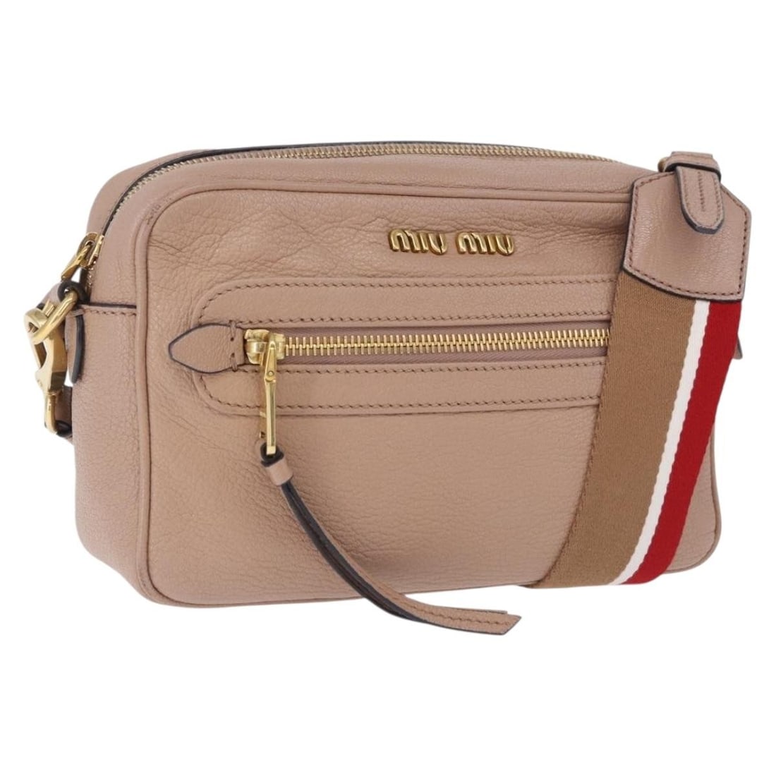 Miu Miu Beige Gold Leather Shoulder Bag with Dust Bag Strap: Miu Miu Beige Gold Leather Shoulder Bag with Dust Bag Strap Authentic Miu Miu shoulder bag in beige and gold leather with a compact silhouette. Includes a dust bag, shoulder strap, guarantee card, and