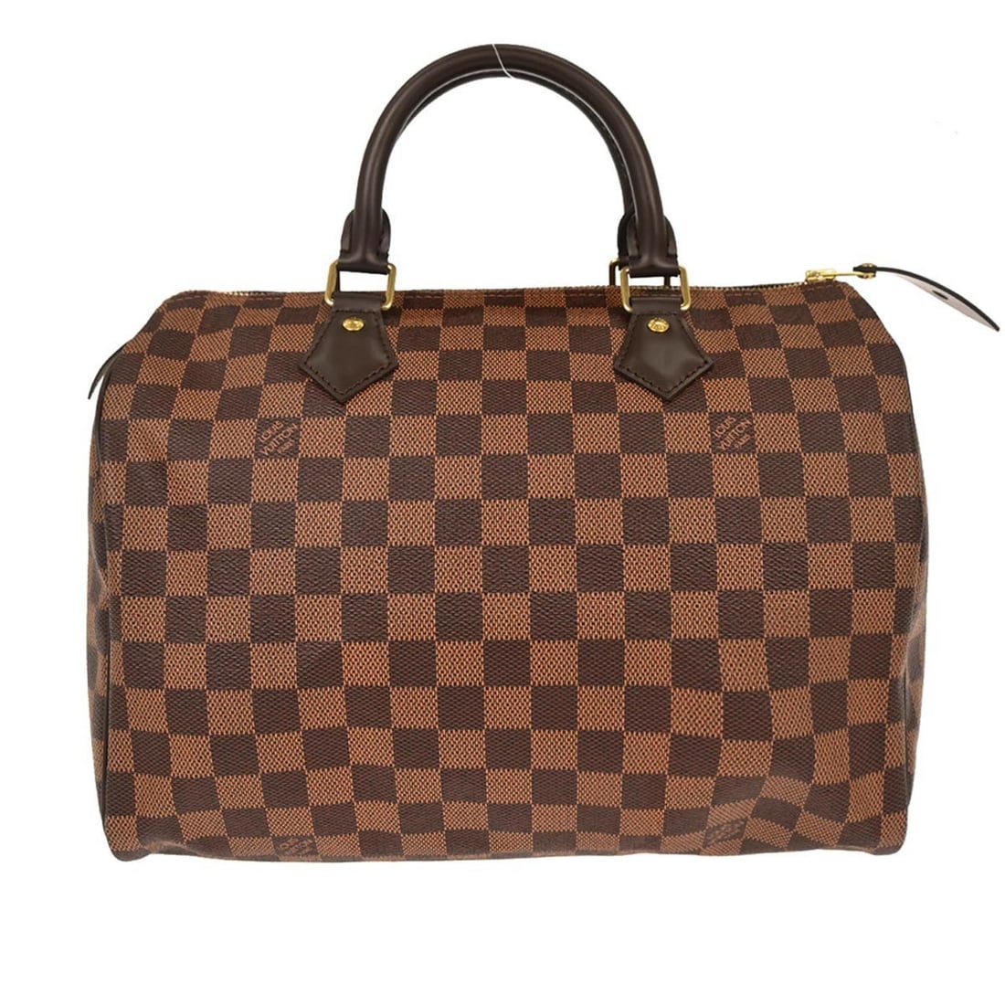 Louis Vuitton Speedy 30 Damier Ebene Brown Top Handle Bag N41531: Louis Vuitton Speedy 30 Damier Ebene Brown Top Handle Bag N41531 Vintage Louis Vuitton Speedy 30 handbag in Damier Ebene canvas with leather trim and double handles. This top handle bag features a zip