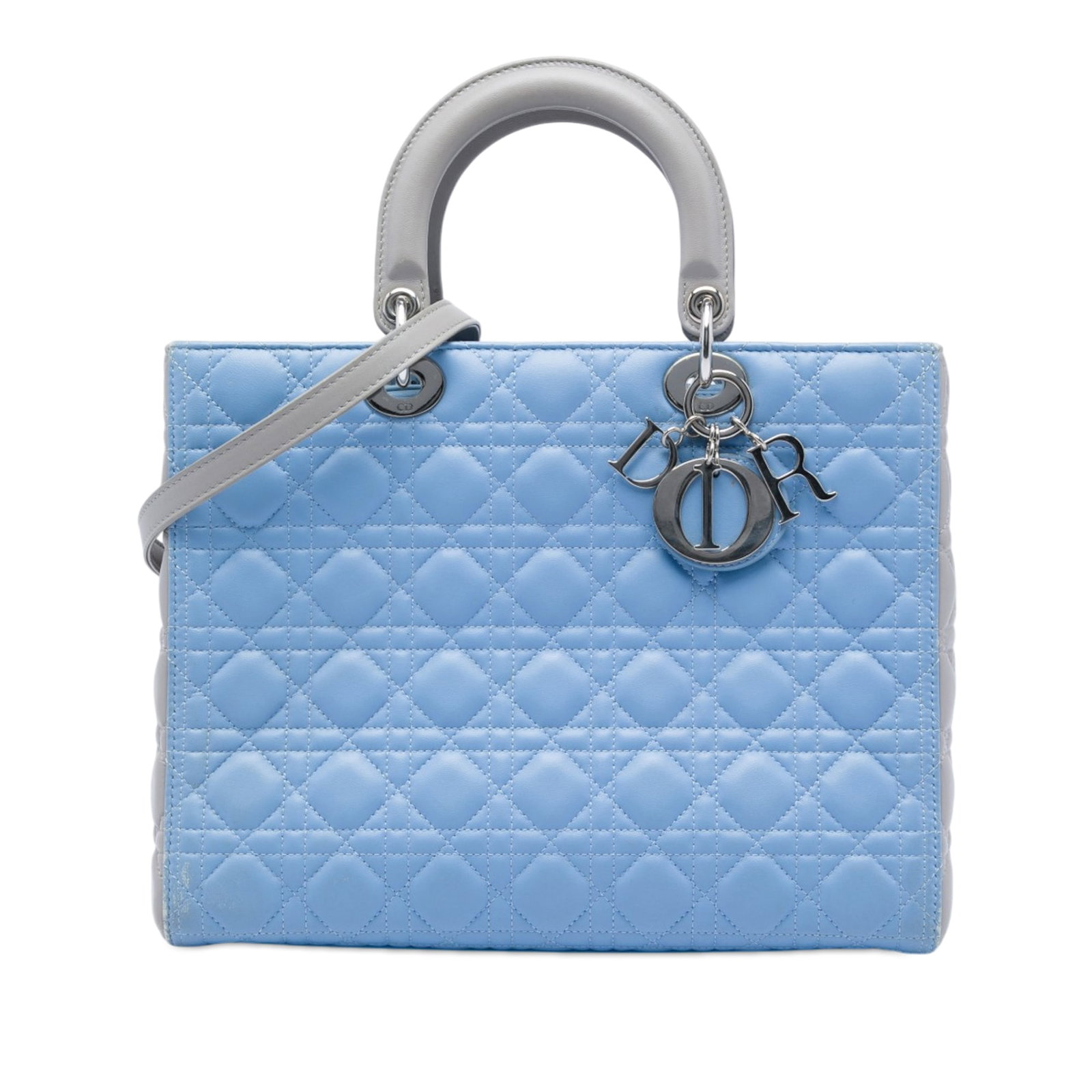 Dior Lady Dior Large Bicolor Cannage Lambskin Bag: Dior Lady Dior Large Bicolor Cannage Lambskin Bag Large Lady Dior bag in blue bicolor quilted lambskin leather with Cannage detailing. This bag features flat top handles, a detachable flat leather str