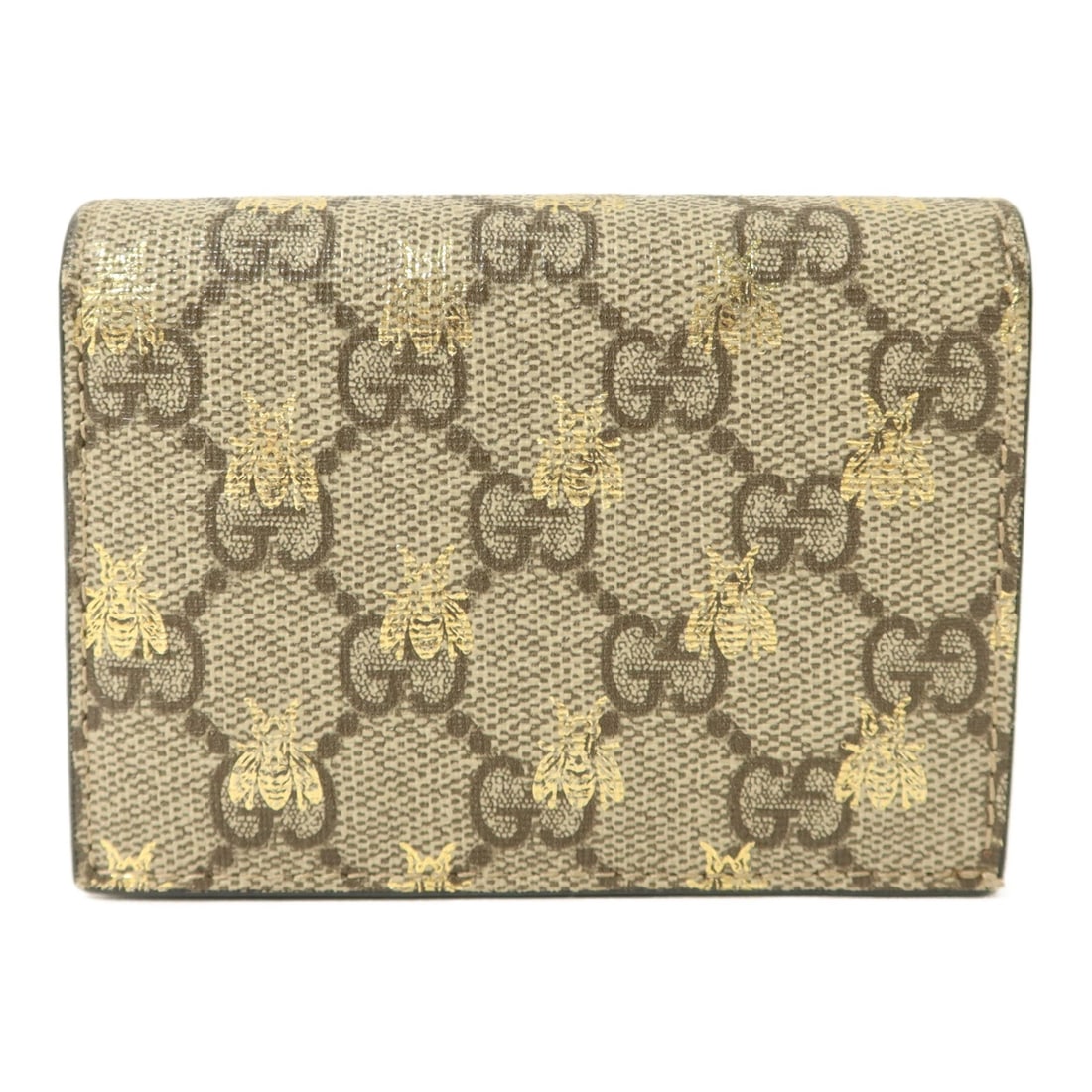 Gucci GG Supreme Bees bi-fold wallet beige coated canvas calfskin: Gucci GG Supreme Bees bi-fold wallet beige coated canvas calfskin A Gucci bi-fold wallet in GG Supreme Bees design, made from PVC coated canvas with calfskin (cowhide) trim. It features a beige, black