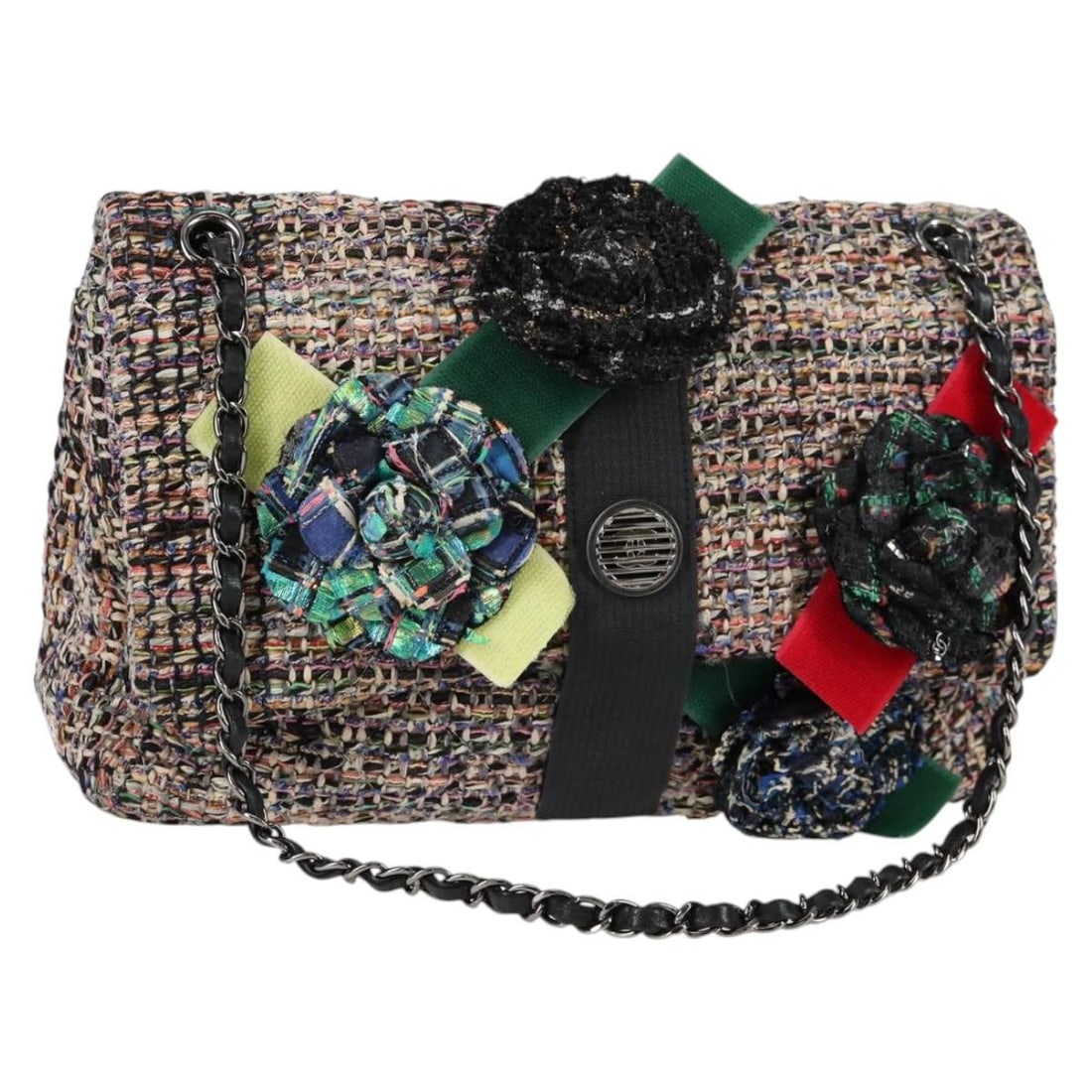 CHANEL Camellia Matelasse Tweed Shoulder Bag Multicolor Silver CC: CHANEL Camellia Matelasse Tweed Shoulder Bag Multicolor Silver CC Chanel Matelasse Camellia chain shoulder bag in multicolor tweed with silver-tone CC detailing. Made in France, this women's shoulder 