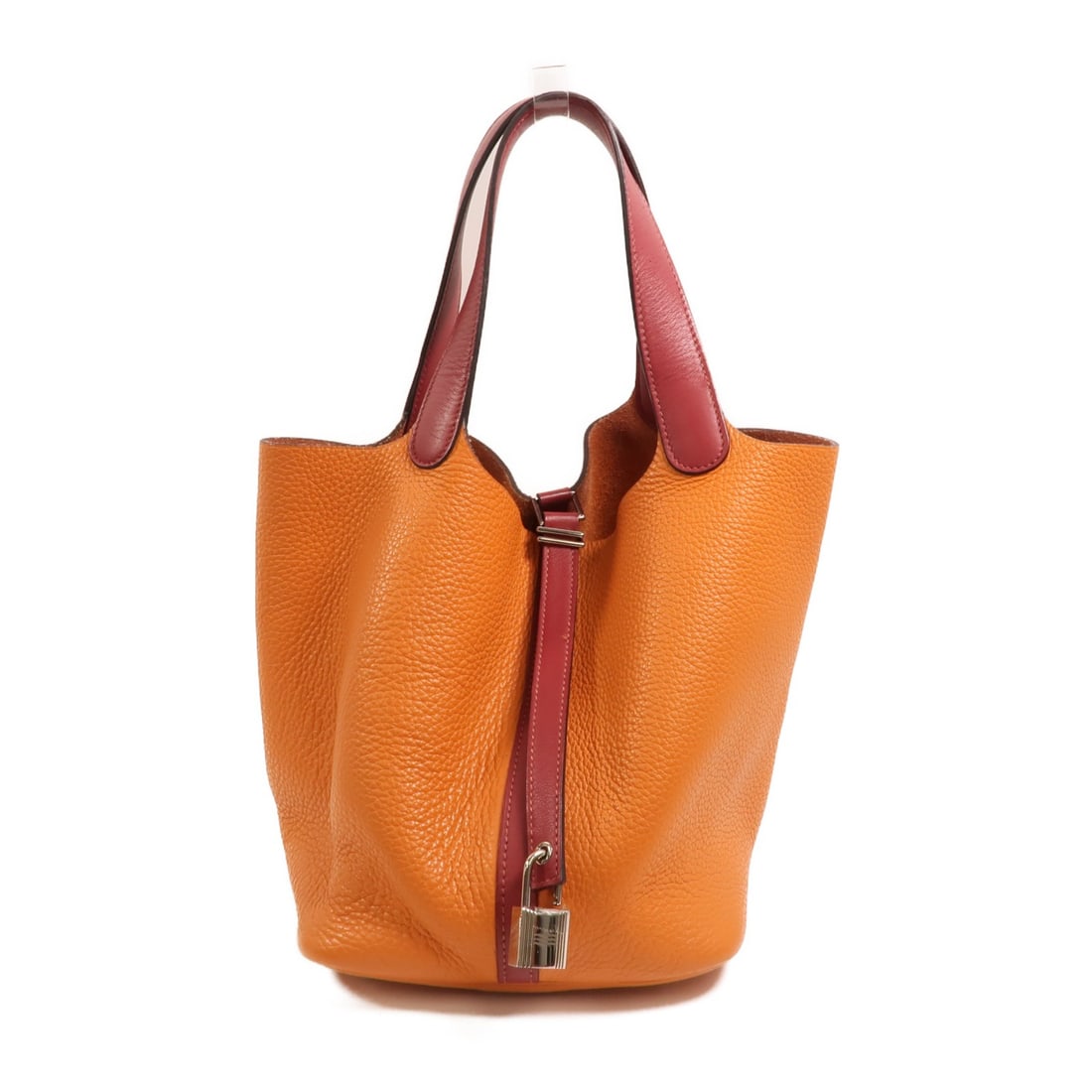 Hermes Picotin Lock 22 MM Clemence Leather Bucket Tote Orange: Hermes Picotin Lock 22 MM Clemence Leather Bucket Tote Orange Hermes Picotin MM handbag/bucket tote bag in Taurillon Clemence and calfskin (cowhide), presented in Feu/Rouge Grenat color. The bag is a 