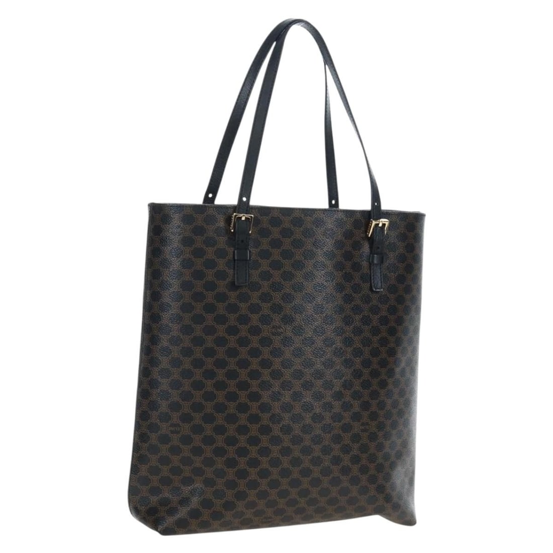 CELINE Macadam Tote Bag in Black Gold PVC Leather: CELINE Macadam Tote Bag in Black Gold PVC Leather Celine Macadam canvas tote bag crafted in PVC leather with a black and gold colorway. Made in Italy, this women's tote features a structured everyday 