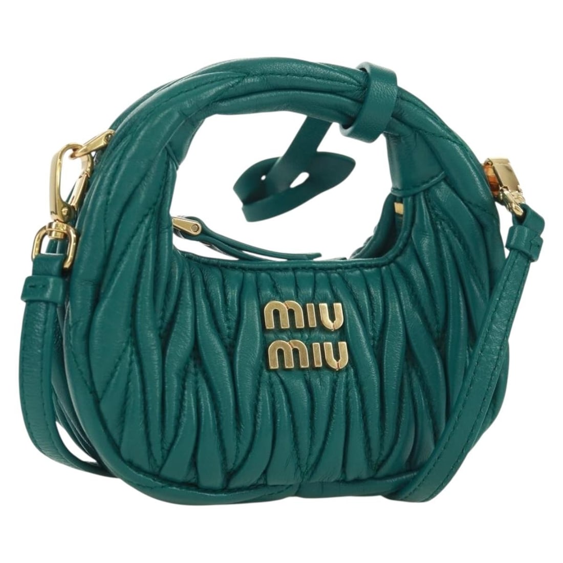 Miu Miu Matelasse Leather Micro Shoulder Hobo Bag Green Gold: Miu Miu Matelasse Leather Micro Shoulder Hobo Bag Green Gold Compact Miu Miu matelasse micro hobo shoulder bag in green leather with gold-tone accents. This women's shoulder bag is made in Romania and